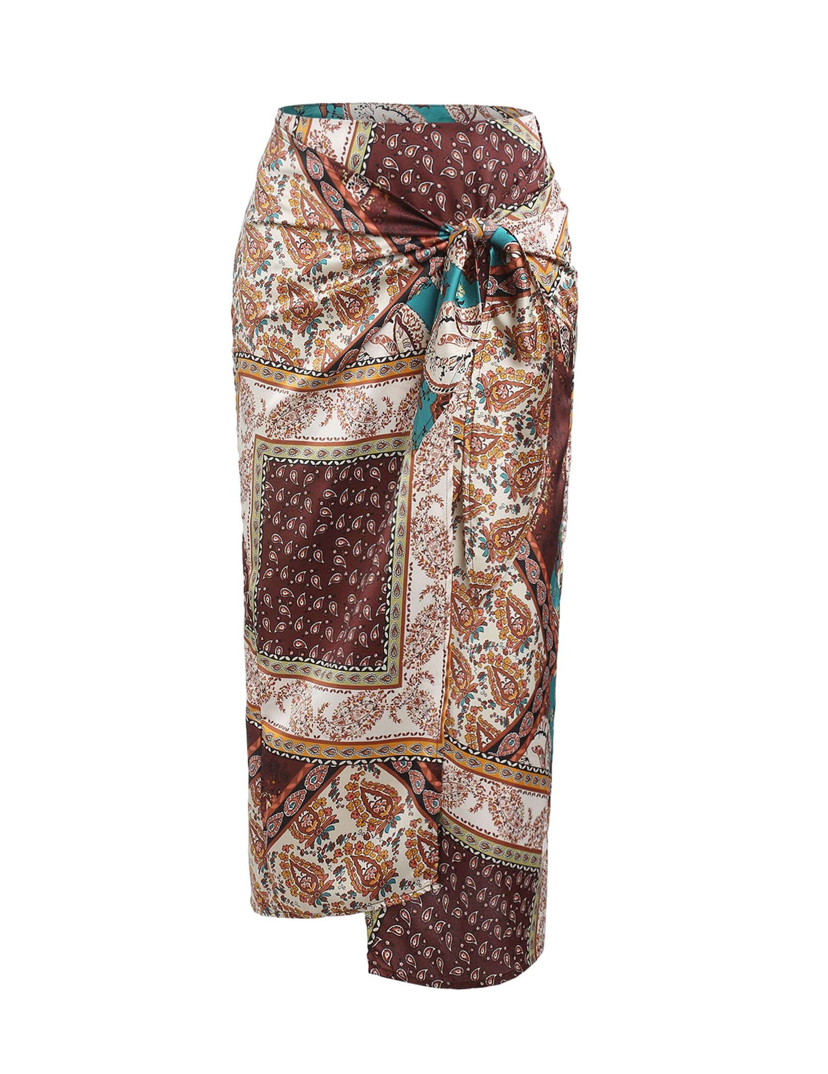 ZAFUL Women's Sarong Coverups Boho Floral Beach Wrap Skirt High Wasit Tie Knot Side Zipper Bikini Wrap Split Midi Skirt