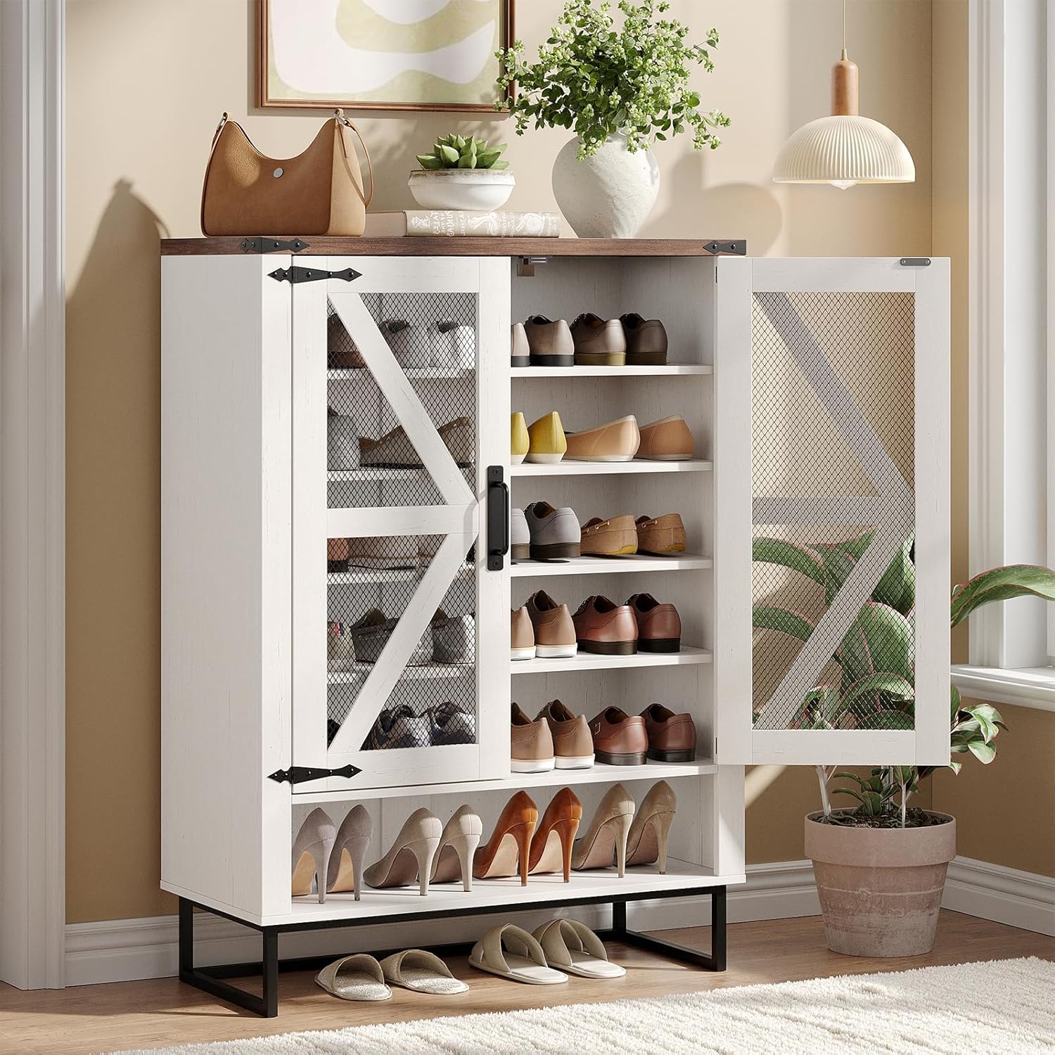 Maupvit 6-Tier Shoe Cabinet with Mesh Doors for Up to 25 Pairs, Farmhouse Shoe Storage Cabinet with Adjustable Shelves & Metal Legs, 42.1" Rustic Wooden Shoe Rack for Entryway, Hallway, Foyer, White