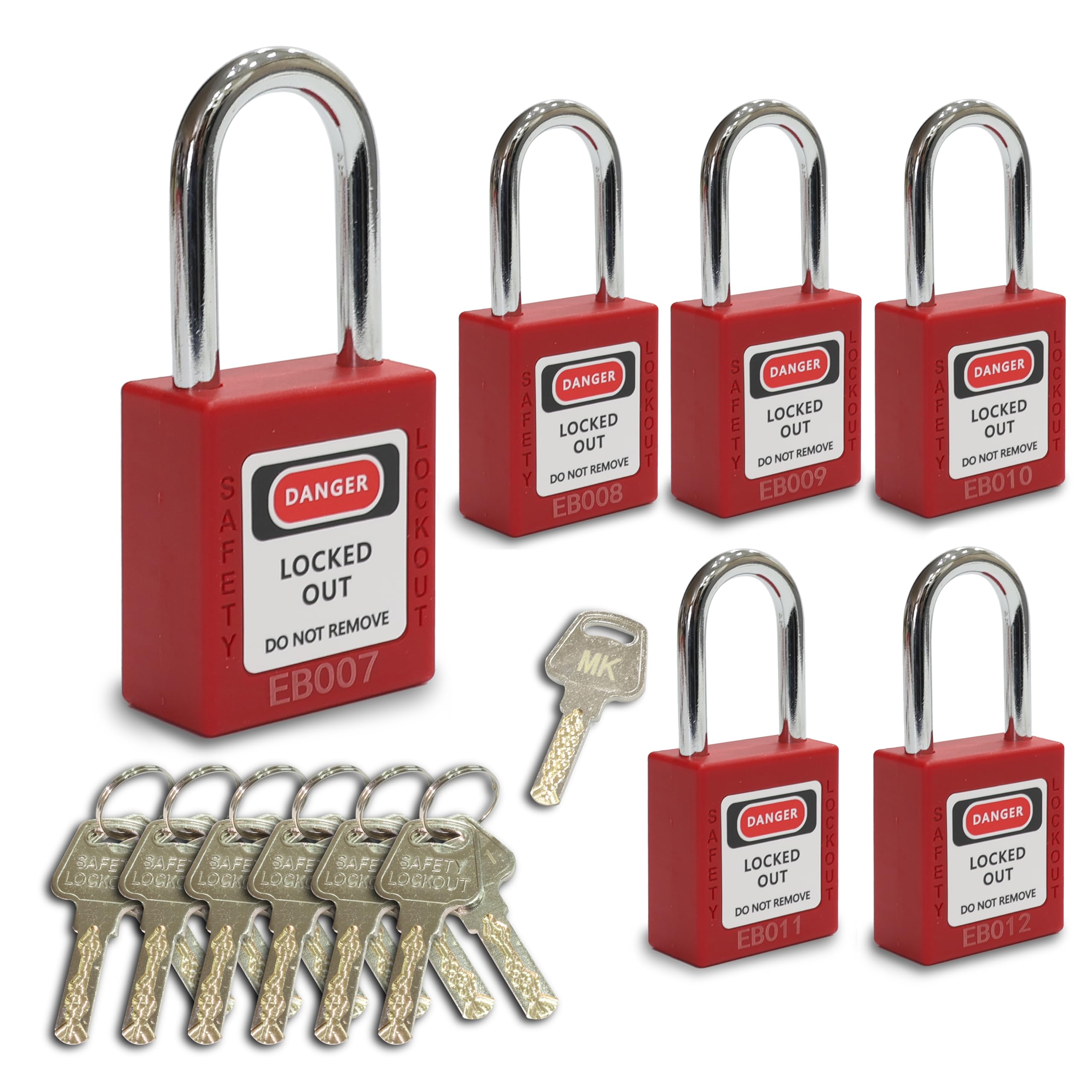 EazyBreezy Vorhängeschloss mit 6 Vorhängeschlössern, 6 Vorhängeschlössern mit 12 Schlüsseln und 1 Hauptschlüssel, Stahlbügel, Sicherheitsschloss für Lock-Out-Tagout-Geräte, 38 mm, Rot