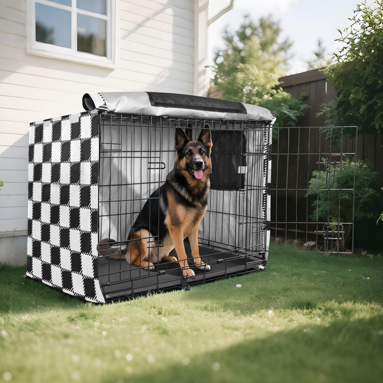 Black White Squares Dog Crate Cover 600D Oxford Pet Kennel Cover with Mesh Window for Dog Cages, Windproof Waterproof Machine Washable, 42"x28"x30"