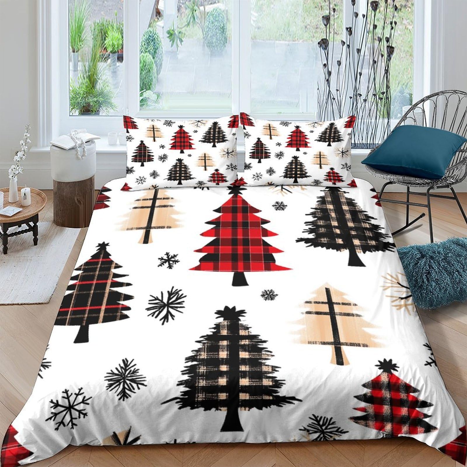 Ctjqhvkz Style-8 3D Printed Christmas Tree Fitted Sheet Microfiber Red Black Plaid Snowflake Mattress Cover For Bedroom Dorm Home Decor Single（135X200cm）