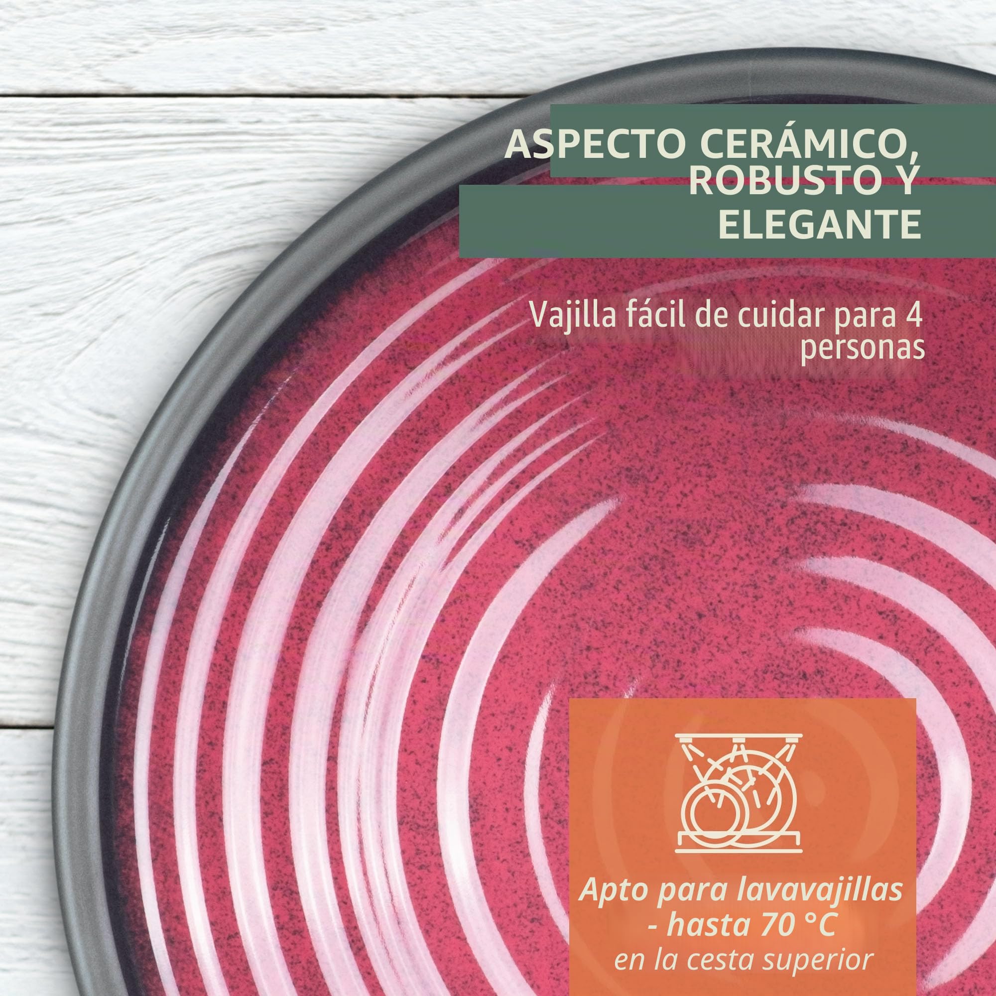 Vajilla de melamina para camping para 4 personas, 12 piezas, apta para lavavajillas, vajilla de pícnic, vajilla de camping, diseño rojo piedra