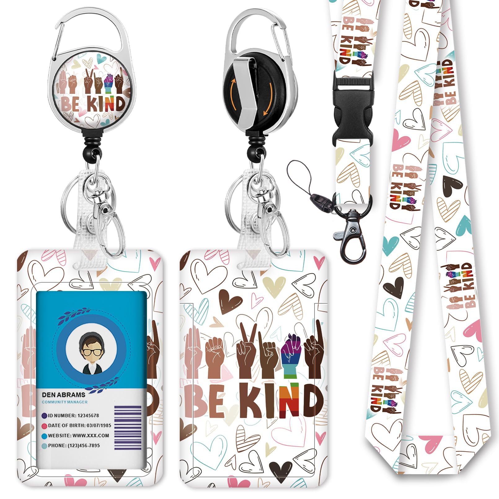 Id Badge Holder with Lanyard, Be Kind Badge Reel Retractable Heavy Duty and Detachable Name Tag Clips, Hand Print Lanyards for Id Badges, Nurse