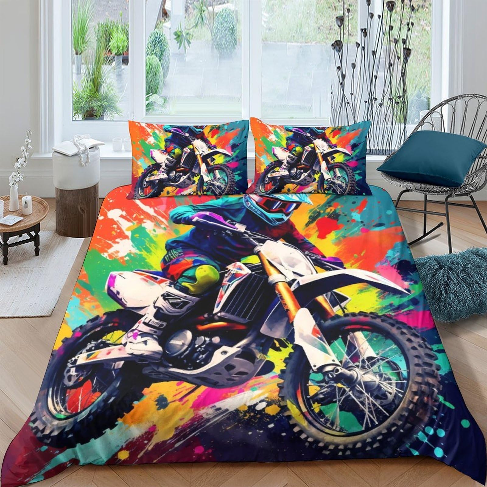 Ctjqhvkz Style-4 3D Printed Motocross Splash Fitted Sheet Microfiber Soft Vibrant Motorcycle Bed Cover For Bedroom Dorm Decor Single（135X200cm）