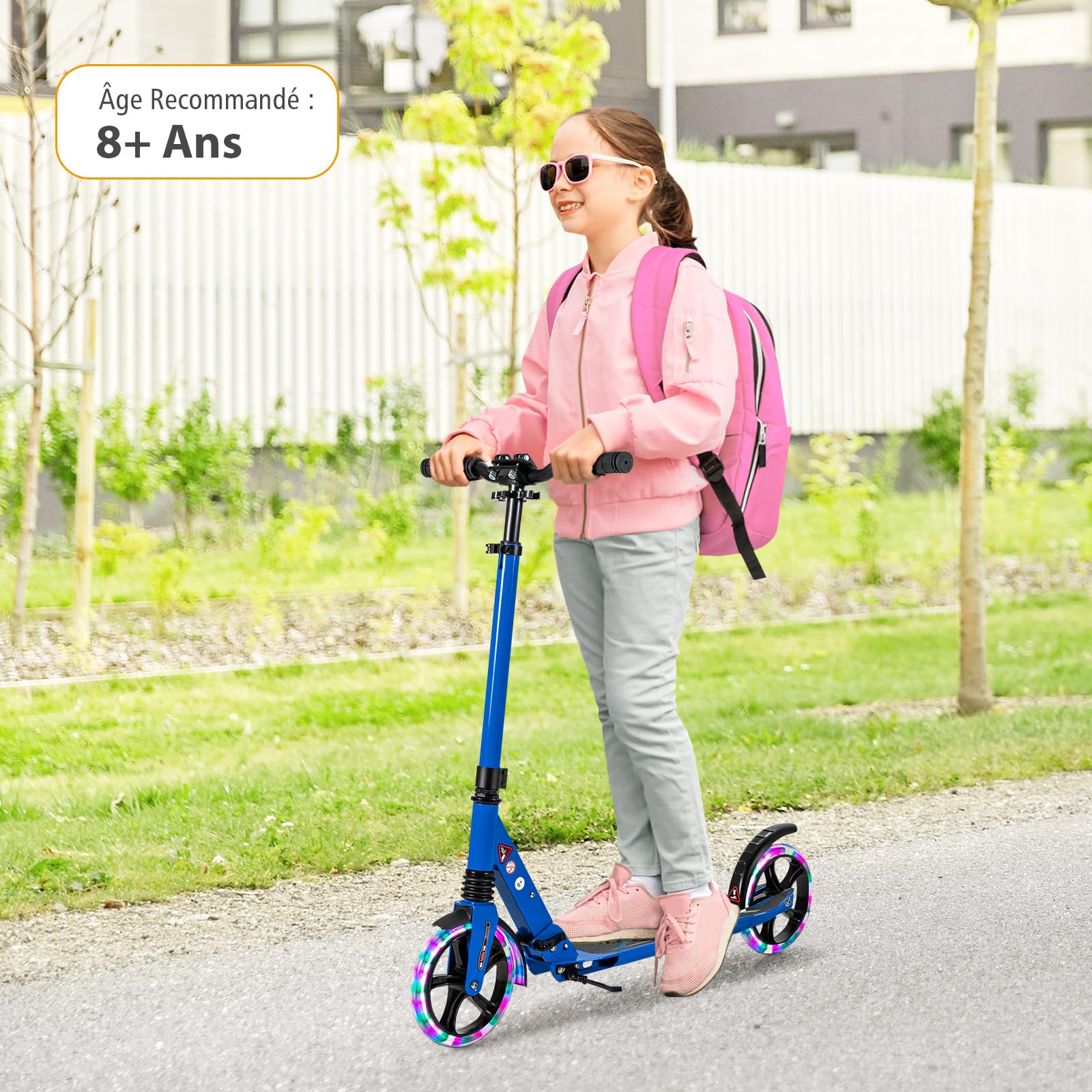 COSTWAY Trottinette Enfant Pliable avec 2 Roues Clignotantes & 3 Hauteurs Réglables, Trottinette Freestyle avec Béquille & Frein à Pied & Sangle, Charge Max 100KG pour Adultes Adolescents, 8 Ans+