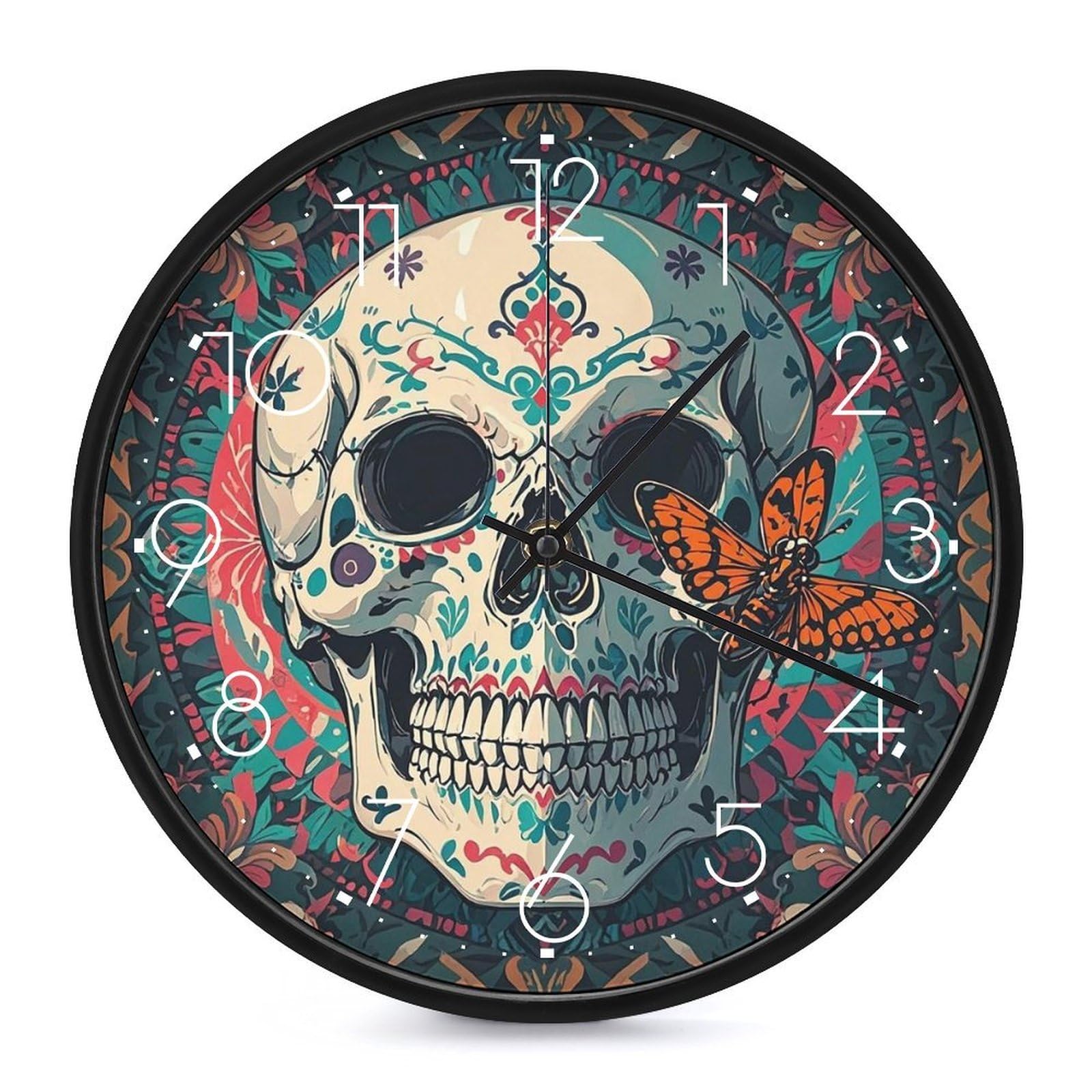 Horloge squelette de la mort ronde à la mode avec chiffres lisibles