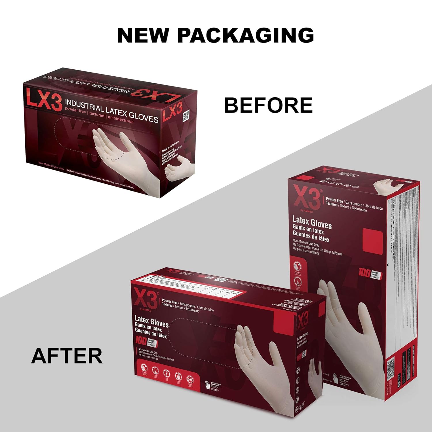 Ammex X3 Industrial Ivory Latex Gloves, Case of 1000, 3 Mil, Size Medium, Powder Free, Textured, Disposable, LX344100