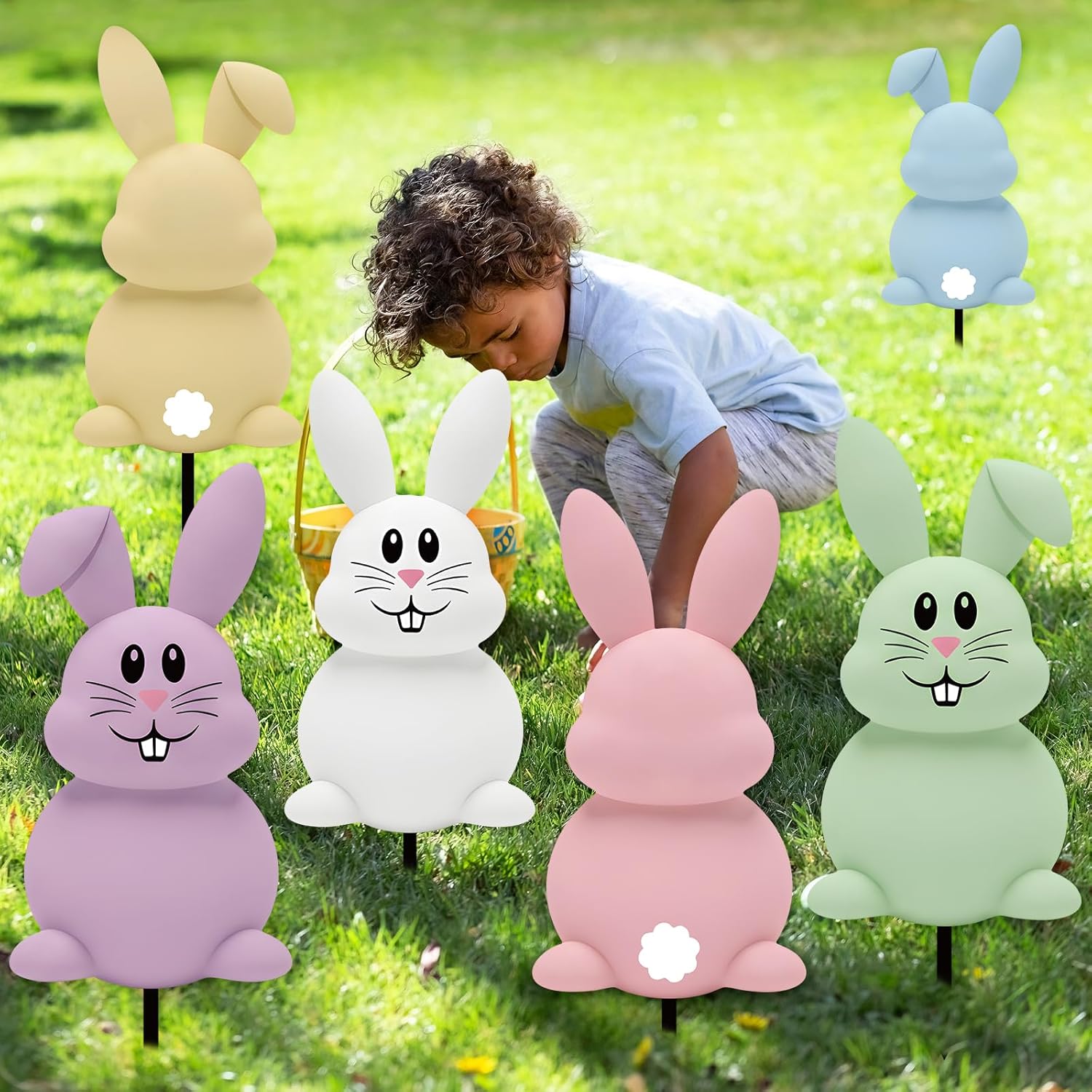 6 Pcs Outdoor Easter Bunny Decorations, 15.7 Inch Metal Easter Bunny Garden Stakes, Double-Sided Pastel Rabbit Yard Signs with Stakes for Spring Lawn Patio Garden Decor & Photo Props
