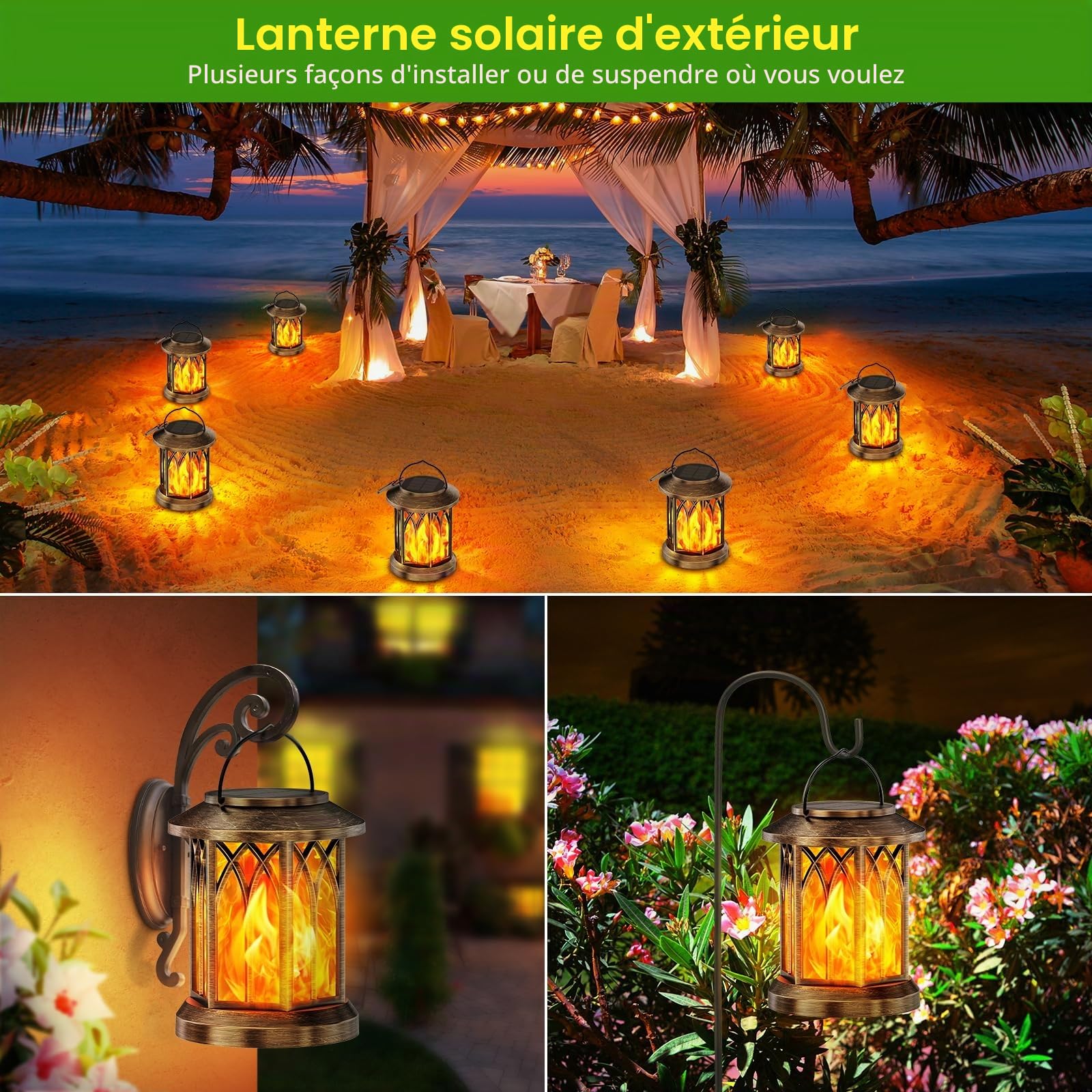 GEARLITE Lanternes solaires pour l'extérieur, lampes solaires pour l'extérieur à suspendre | Lot de 4 lampes solaires LED pour extérieur avec clips, étanchéité IP65, décoration de jardin pour jardin, balcon, bonze