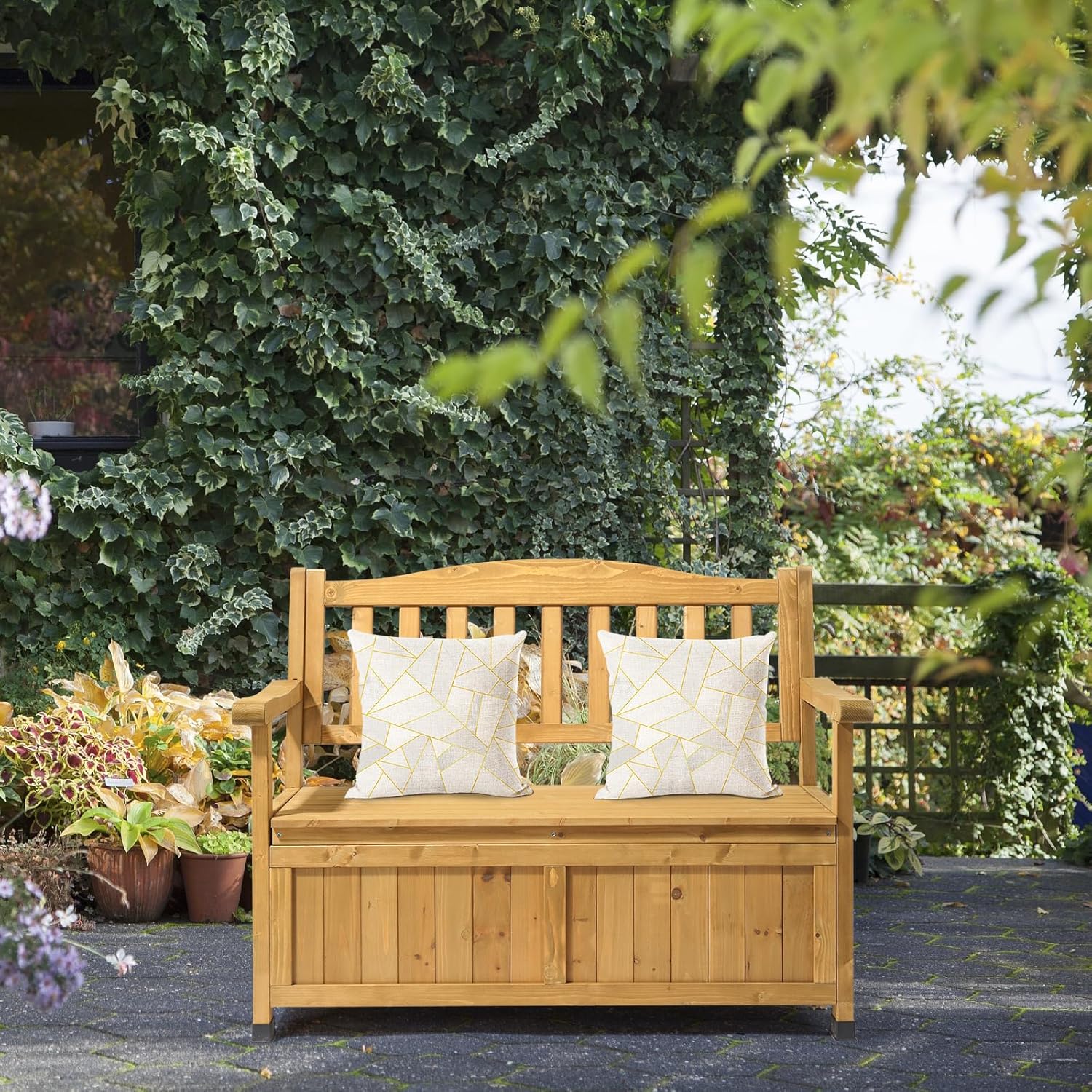 44" Large Wood Deck Box,Wooden Outdoor Patio Storage Bench,Outdoor Garden Storage Container,Patio Furniture Storage Bench,with Backrest & Armrest,for Porch Yard Lawn Poolside Backyard (Yellow)
