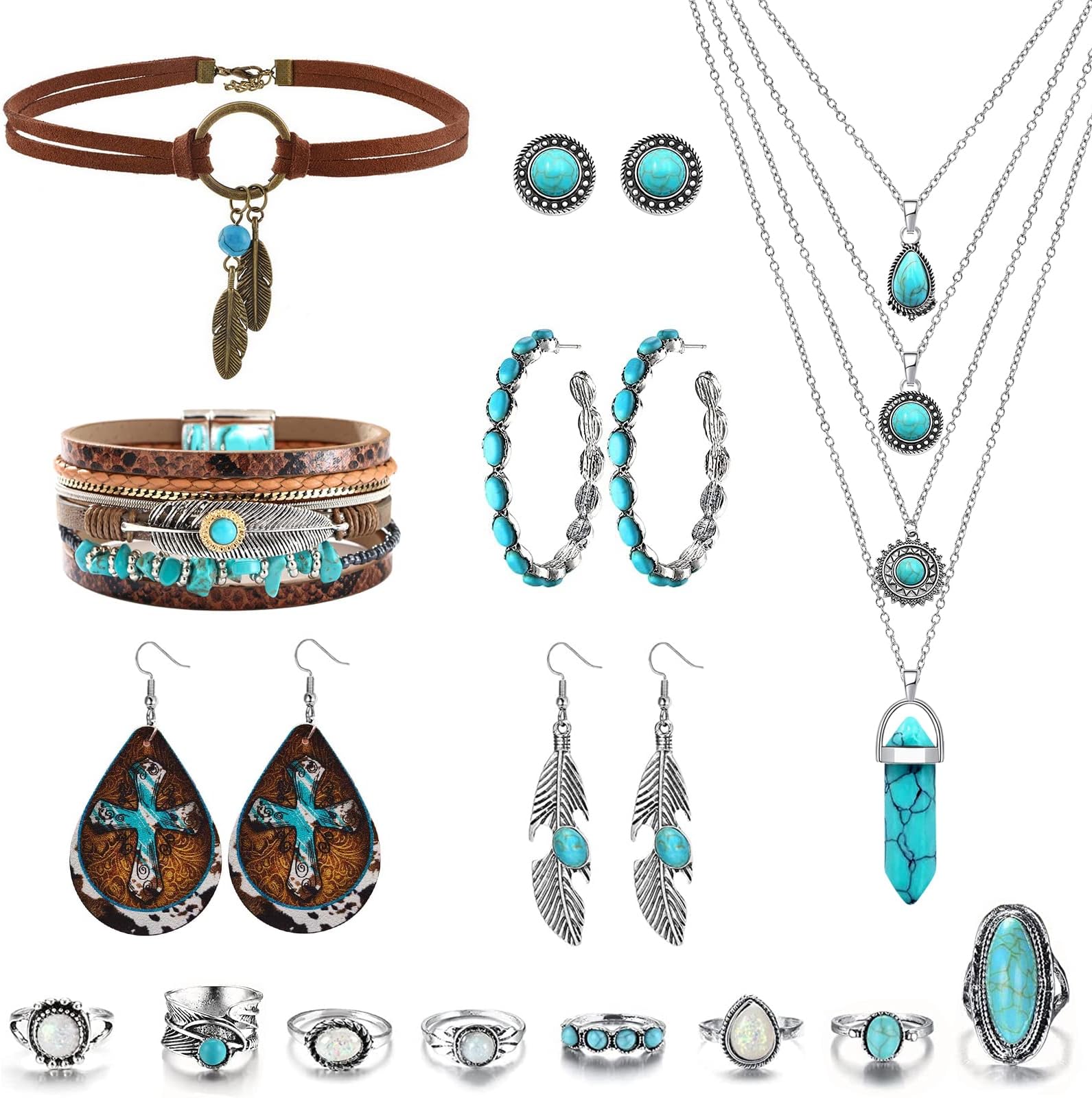 Native American Bohemian Feather Charm Handmade PU Leather Choker Necklace Turquoise Western Jewelry for Women Set (Native, 18, Count)
