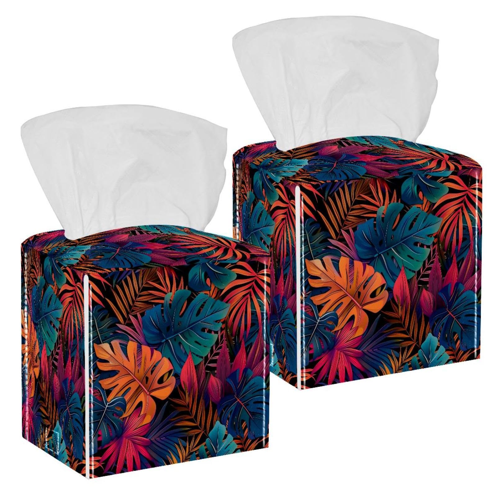 Tropical Palm Tissue Box Cover, 2 Pack PU Leather Square Facial Tissue Dispenser Box holder for Home Office Car
