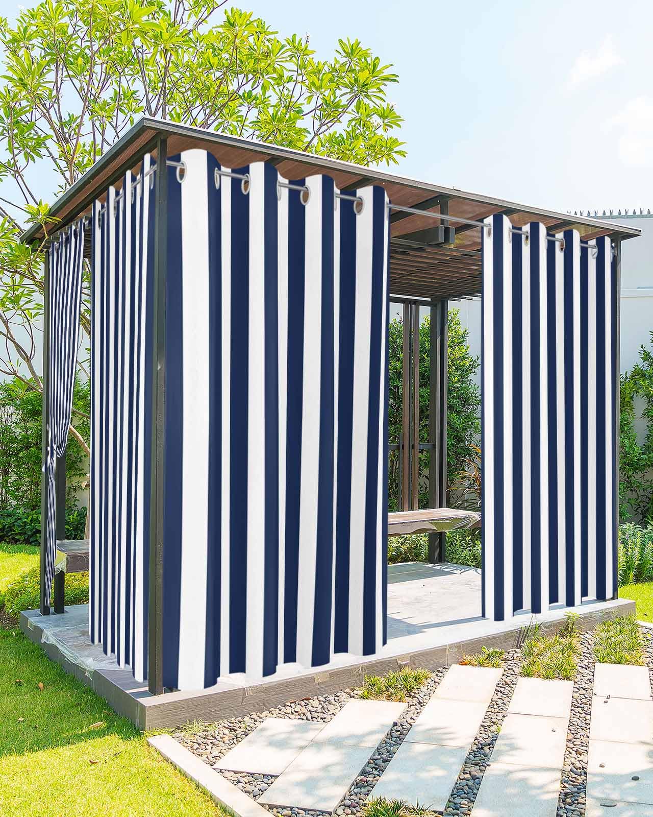 Outdoor Curtains for Patio Waterproof Navy Blue and White Indoor/Outdoor Curtain Tiebacks Stripe Privacy Curtain Sun Blocking Grommet Drapes for