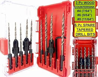 FTG USA Countersink Drill Bit Set 3 Pc #4#6#8# Adjustable Countersink with 6 Pc Replacement Tapered Drill Bits for Wood in Storage Container