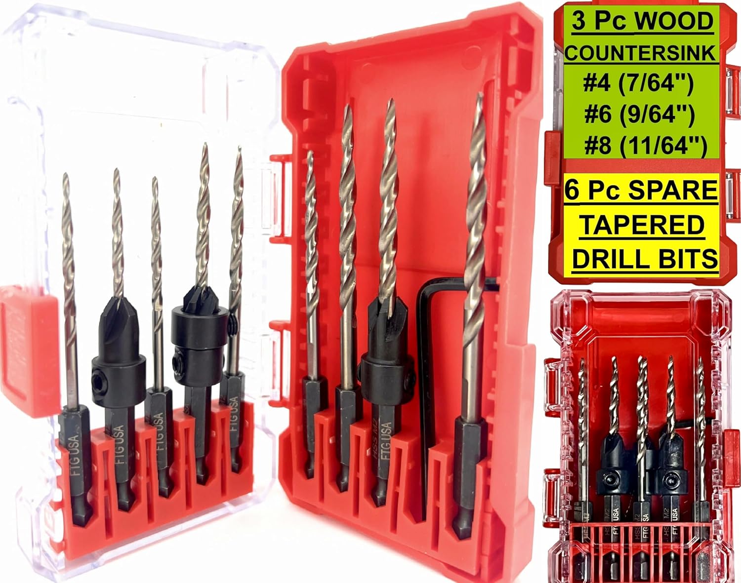FTG USA 3 Pc #4#6#8 Countersink Drill Bit Set with 6 Pc Replacement Tapered Drill Bits for Wood in Storage Container