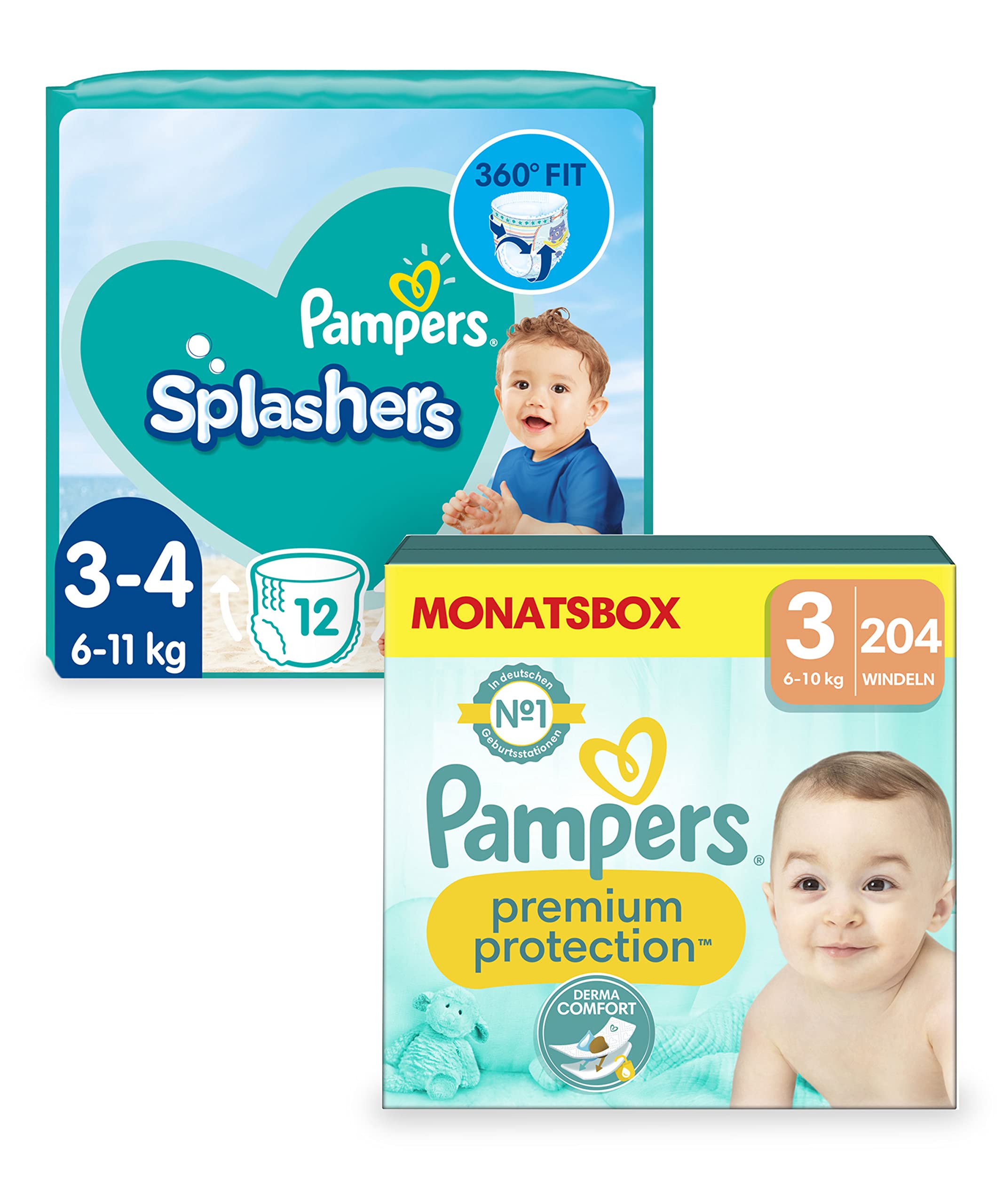 Pampers Schwimmwindel Set mit Splashers (Größe 3-4, 96 Schwimmwindeln) und Windeln Größe 3 (6-10kg, 204 Stück) Premium Protection, Midi, MONATSBOX, Baby Erstausstattung Für Neugeborene
