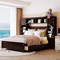 Vista 11 de RUNNA Elegante cama de plataforma de tamaño Queen con estantes extraíbles, cama de almacenamiento de madera con nido de tamaño individual
