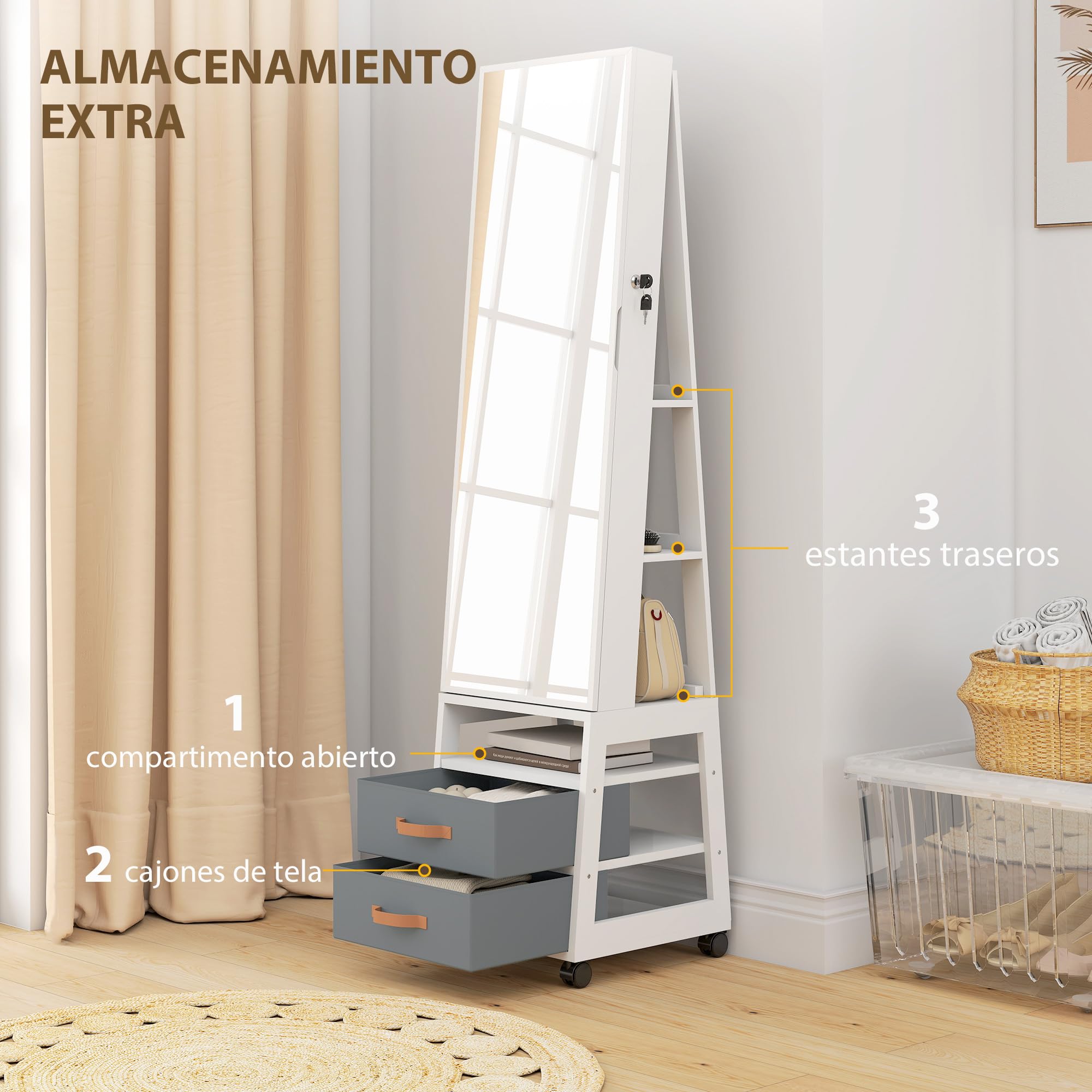 HOMCOM Espejo Joyero con Luces LED Interior, Armario para Joyas con Ruedas, Armario Joyero con Espejo Entero, Giratorio de 360°, Estantes Abiertos, Cajones de Tela, Blanco y Forro Crema