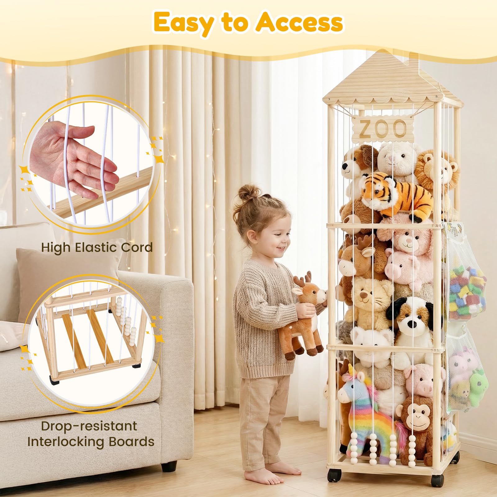 Contenitore per Peluche, 147x46x46CM Organizer per Peluchecon Ruote Girevoli a 360°, Porta Peluche per Cameretta dei Bambini, Soggiorno, Camera da Letto, Mobili per la Cameretta dei Bambini (Strisce)