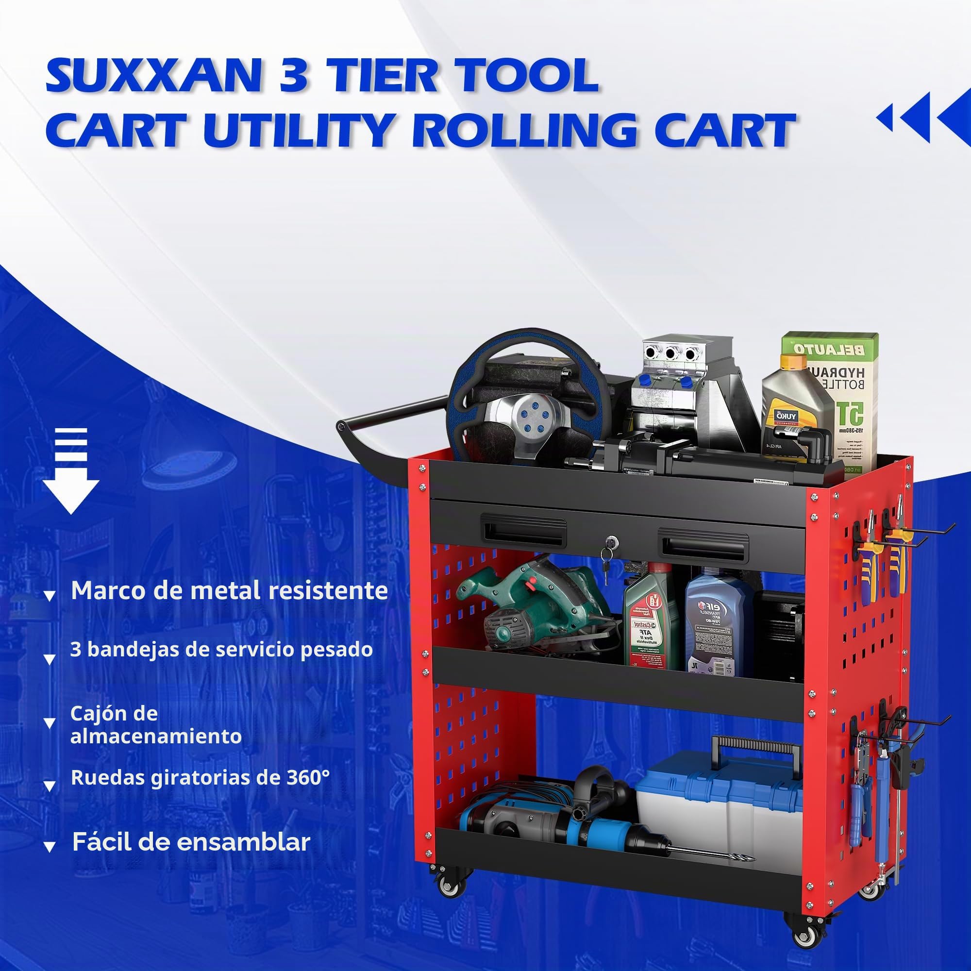 SUPEER Carro de taller con ruedas para taller, 78 x 35 x 70 cm, con cajón con cerradura y tabla de pegboard, 4 ganchos, taller, capacidad de carga de 150 kg (rojo)