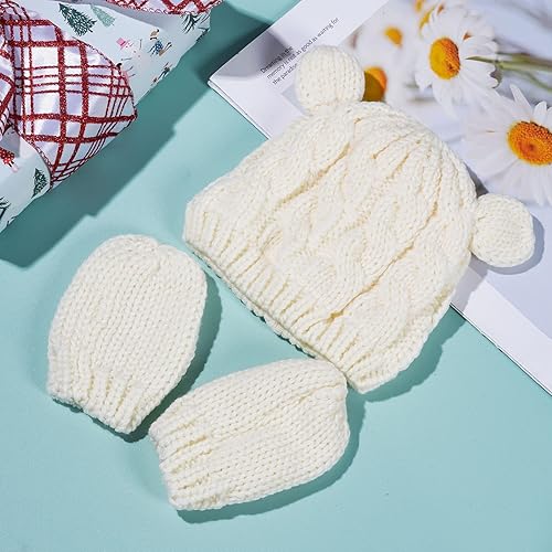 Miniatura 5 de Juego de 2 gorros de invierno para recién nacidos, guantes para bebés, niñas y niños pequeños, cálidos sombreros de punto, guantes de otoño y