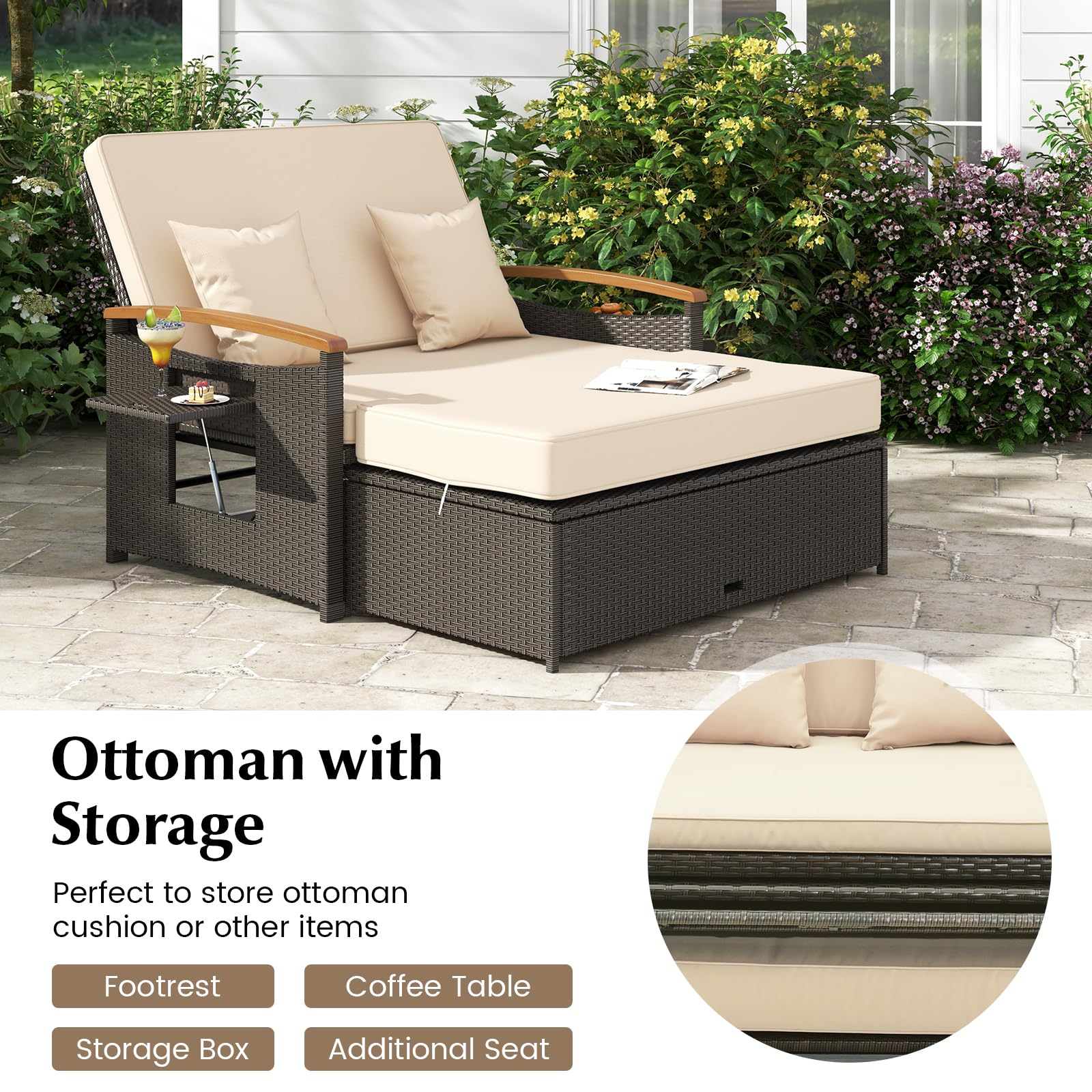 GIANTEX Zestaw mebli rattanowych do użytku na zewnątrz, 2-osobowa sofa z funkcją spania, sofa ogrodowa z taboretem, podwójny leżak ogrodowy z bocznymi półkami, łóżko ogrodowe, nie zajmuje dużo miejsca