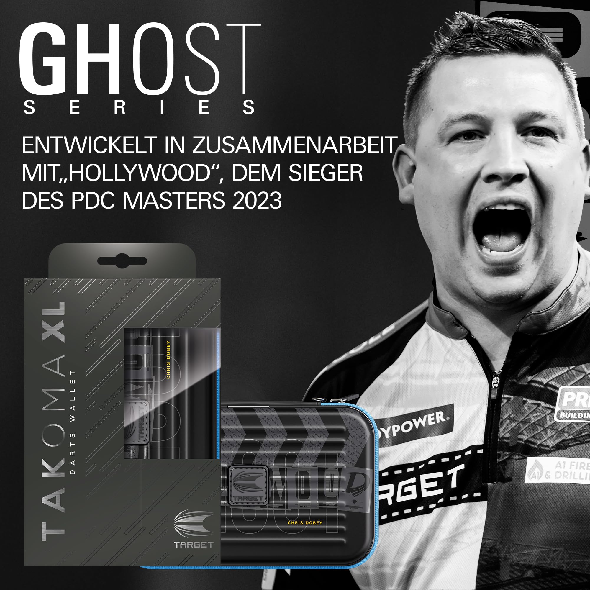Target Darts Chris Dobey Ghost Series XL Takoma Wallet Regular – Dartkoffer schwarz/weiß | Hollywood“ Darttasche mit Reißverschluss | professionelles Zubehör | Platz für 6 komplett montierte Darts