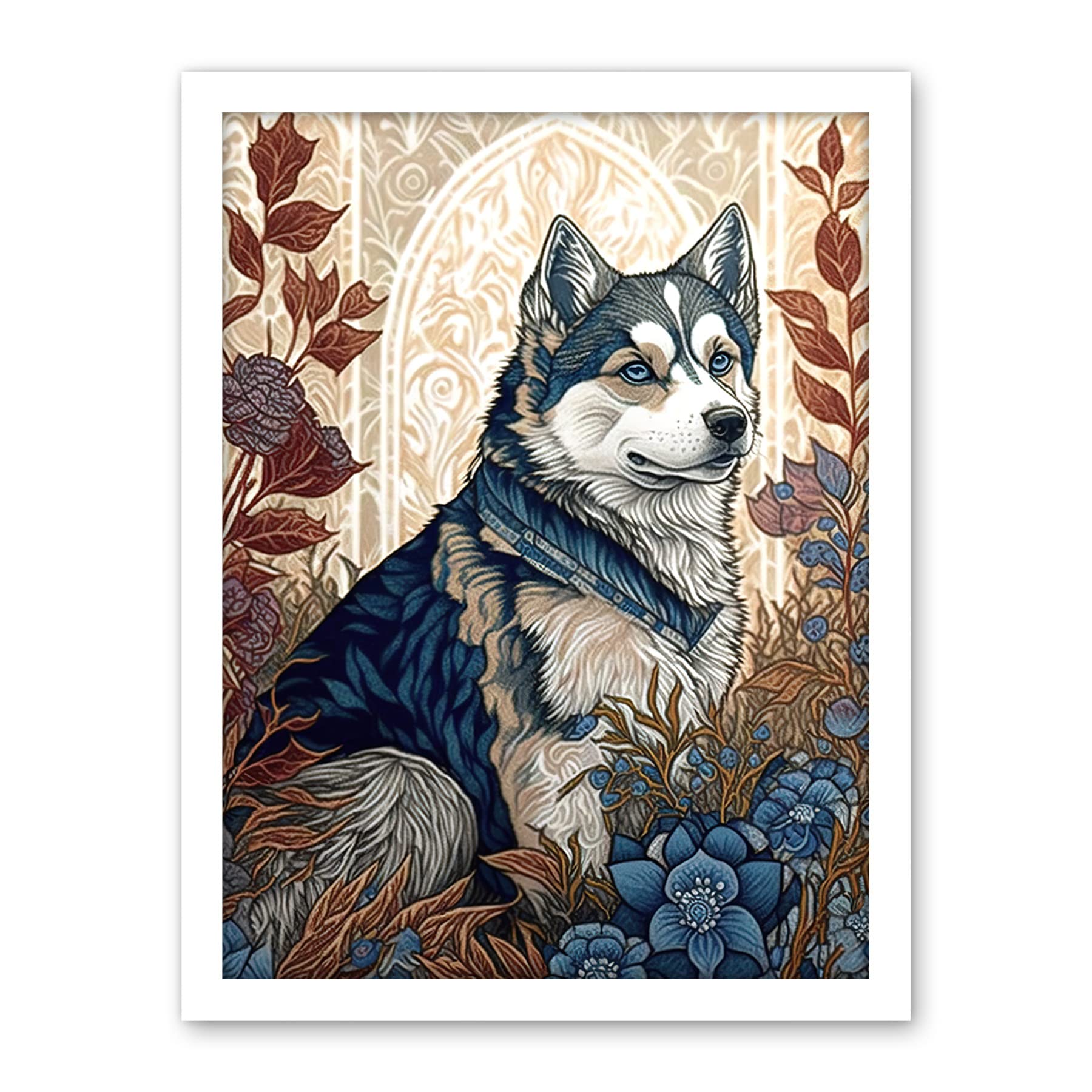 Artery8 Siberian Husky Dog in Autumn Flower Field Modern Art Nouveau Illustration Artwork Framed Wall Art Print 18X24 Inch