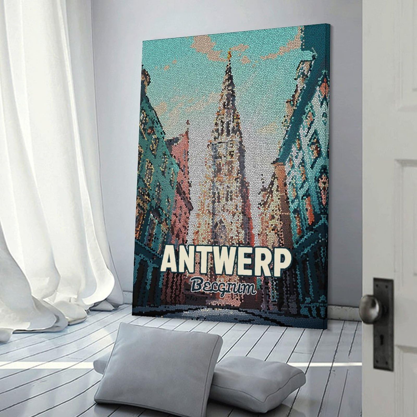 Junmoney Antwerp Belgium Mosaic City Decorative Canvas Print, 24x36inch(60x90cm), for Home, Office, Studio Or Guest Room, Canvas Wall Art That Fits Changing Layouts