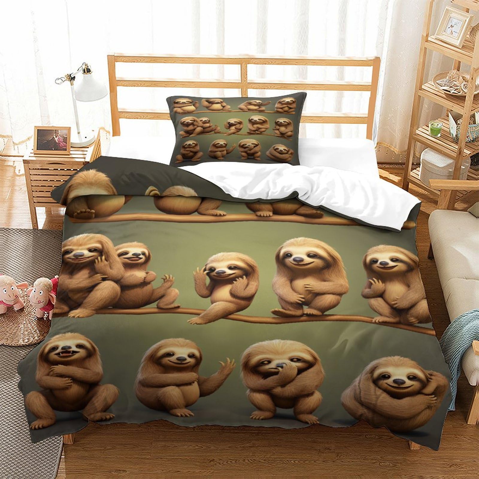 P1S9U7W5Y Playful Sloth 3D Printed Duvet Cover Set 3pcs Microfiber Sloth Bedding Set Single