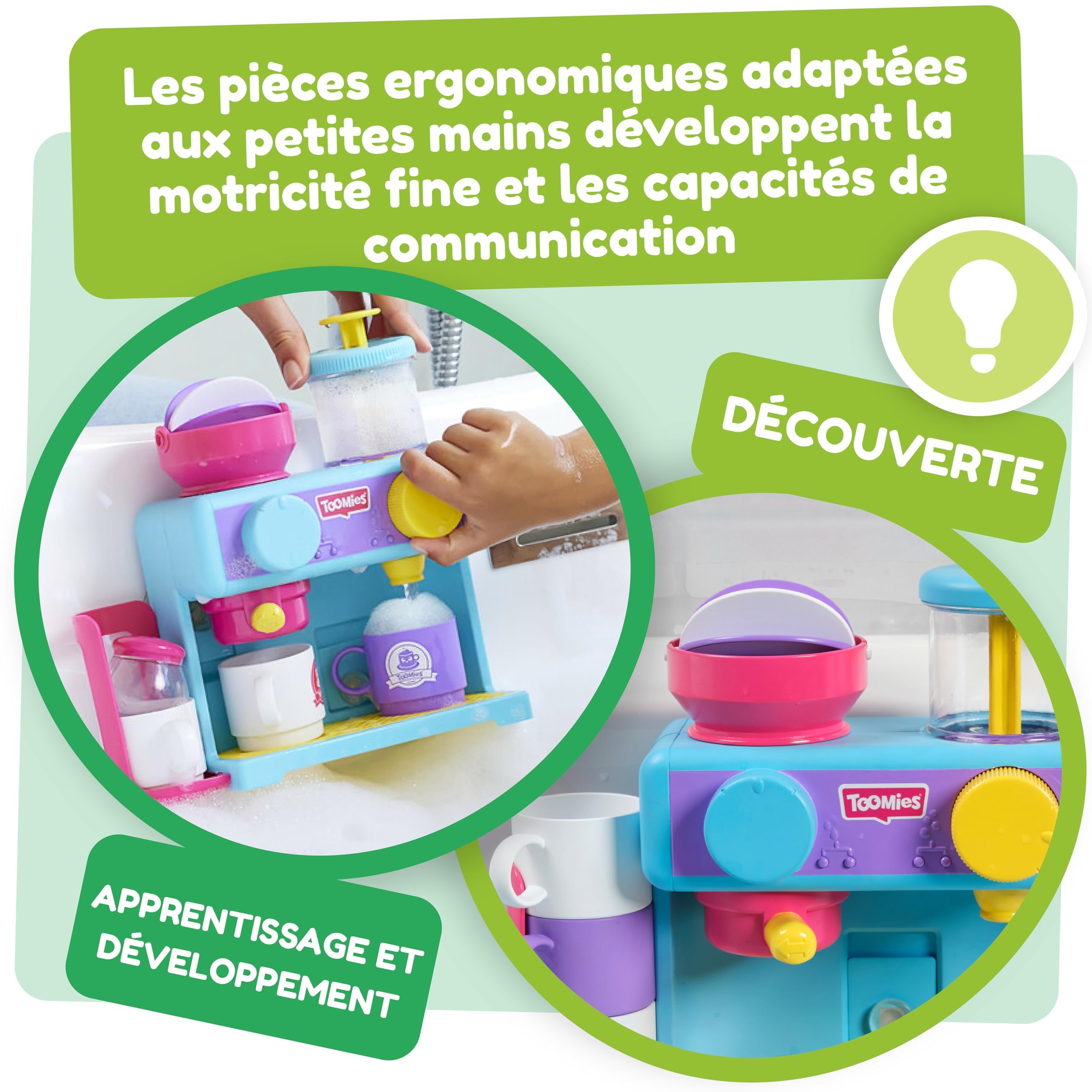 TOMY Toomies Machine à café pour le bain - Jouet de bain pour bébé - Jouet pour baignoire à fixer au mur - Coffret dinette enfant qui comprend 3 tasses, 1 pot et 1 shaker - À partir de 18 mois
