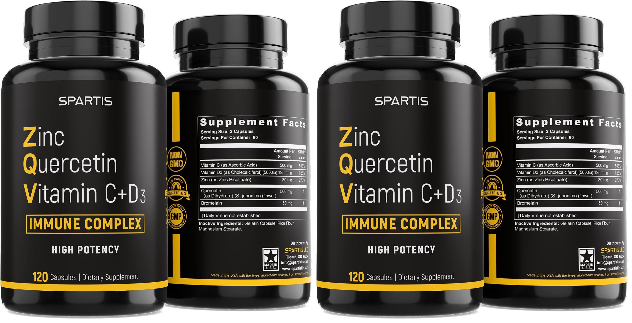 SPARTIS Zinc Quercetin 500mg with Vitamin C Vitamin D3 Bromelain Immune Support High Potency Quercetin Zinc Supplement ZQV (Pack of 2 Bottle at 120-Caps)