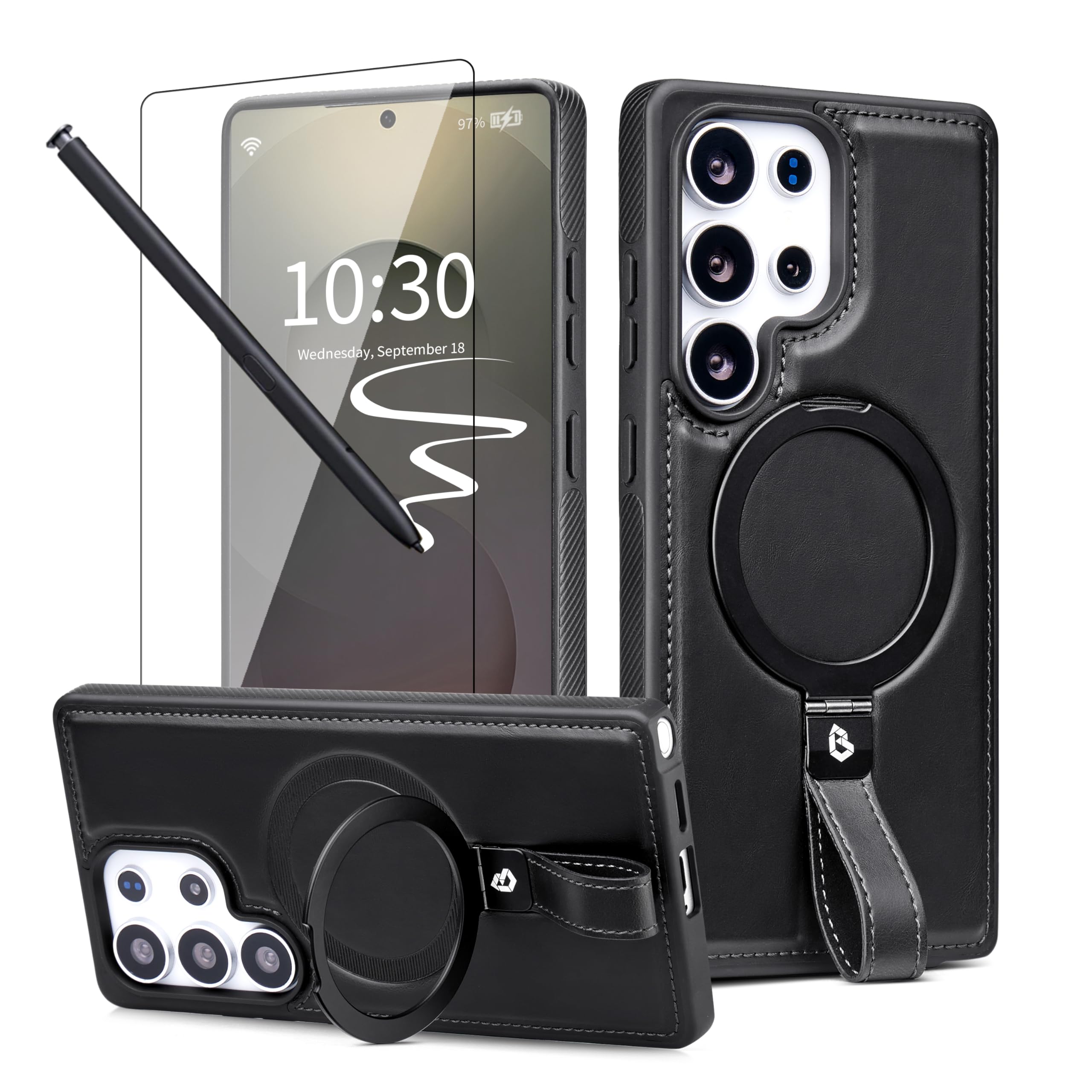 Butaiga for Samsung Galaxy S25 Ultra Leather Case with Stand, Anti-Slip Grip Ring, Fits for MagSafe (Black, S25 Ultra-6.9inch)