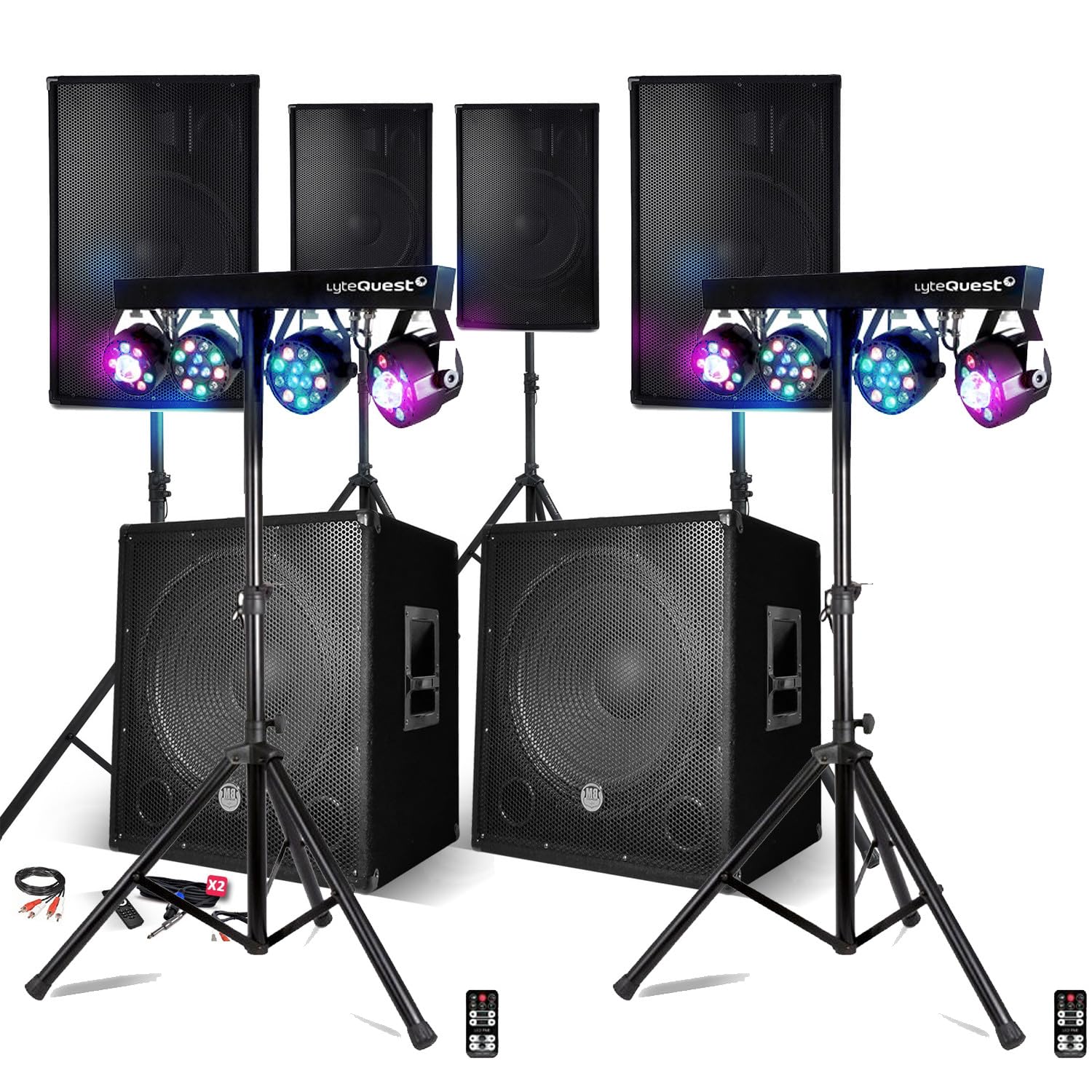 Pack de Sono Completo Boda Fiesta 4400W, 4 altavoces, 2 SUBS USB/Bluetooth Cable PC, prestaciones Sono DJ Pórtico Luces LED