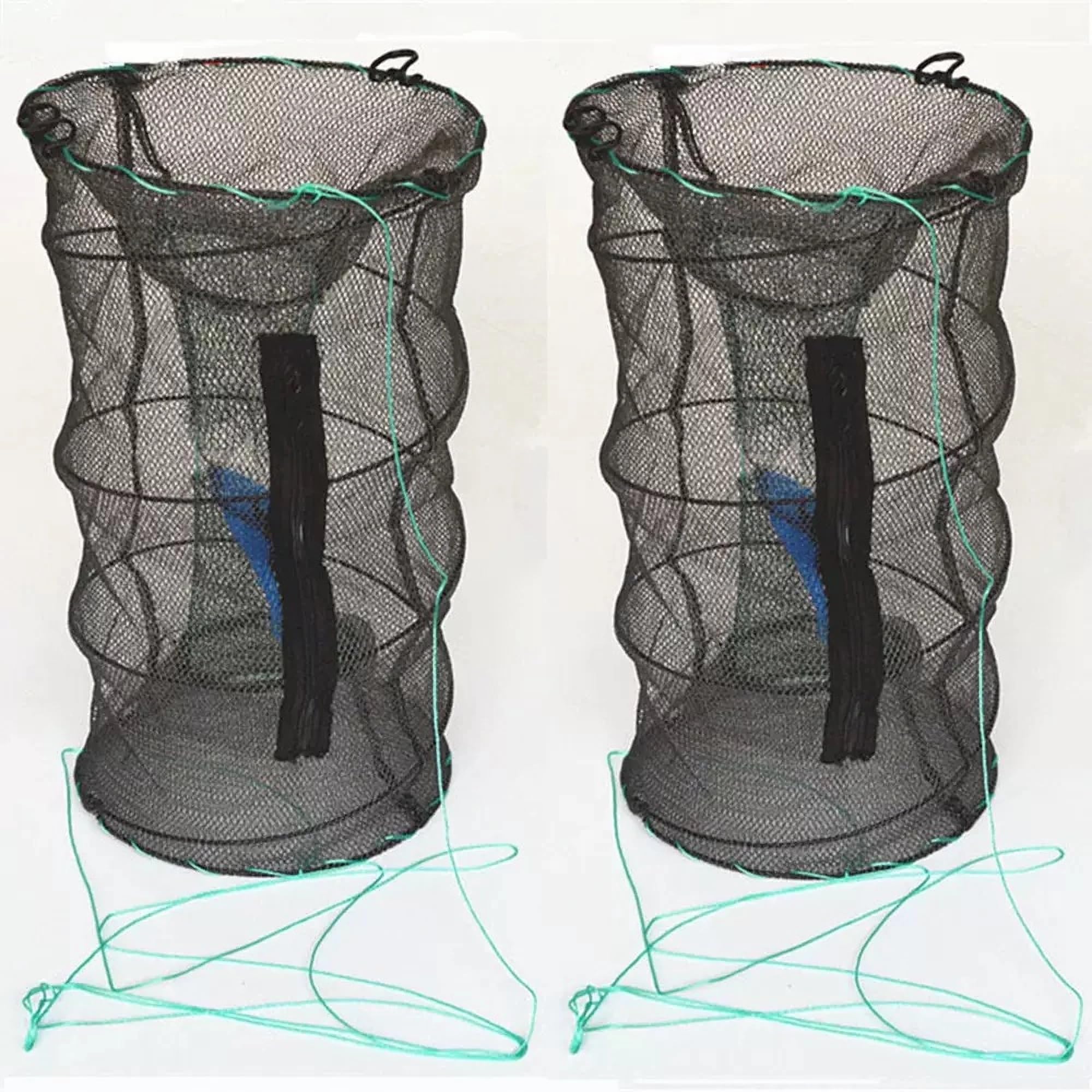 Folding Fish Cage, 2 Nylon Cages (30 x 60 cm), Crawfish Trap with Zipper, Shrimp Locker, Portable Round Fishing Net