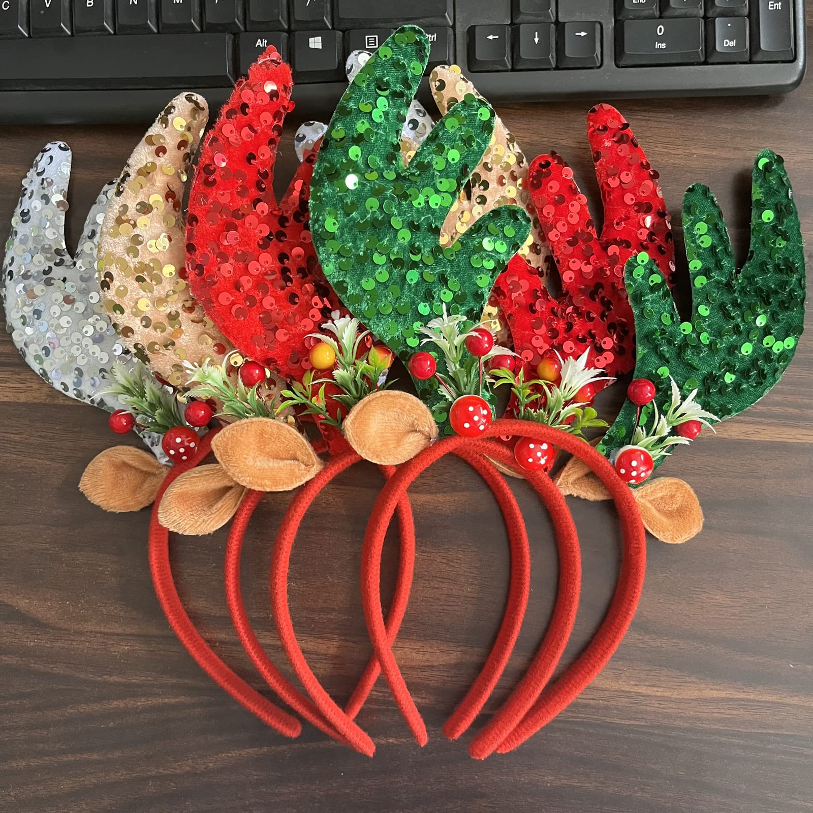 Budsmile Christmas Headbands Sequins Xmas Headwear Reindeer Antler Hats Cute Costume Hairbands for Christmas Holiday