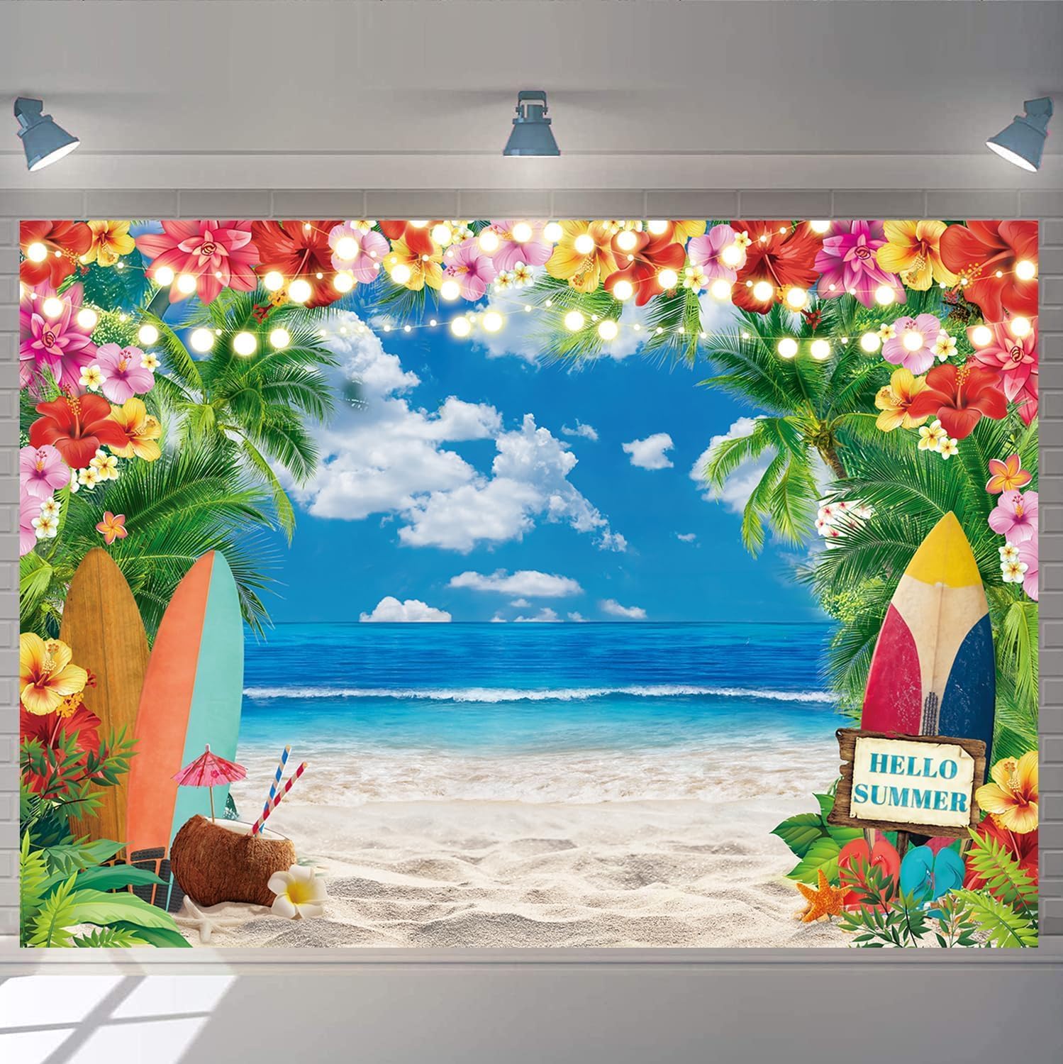 Summer Hawaiian Beach Backdrop 10x8ft Tropical Flower Palm Leaves Surfboard Photography Background for Aloha Luau Theme Party Decorations Banner Photo Props