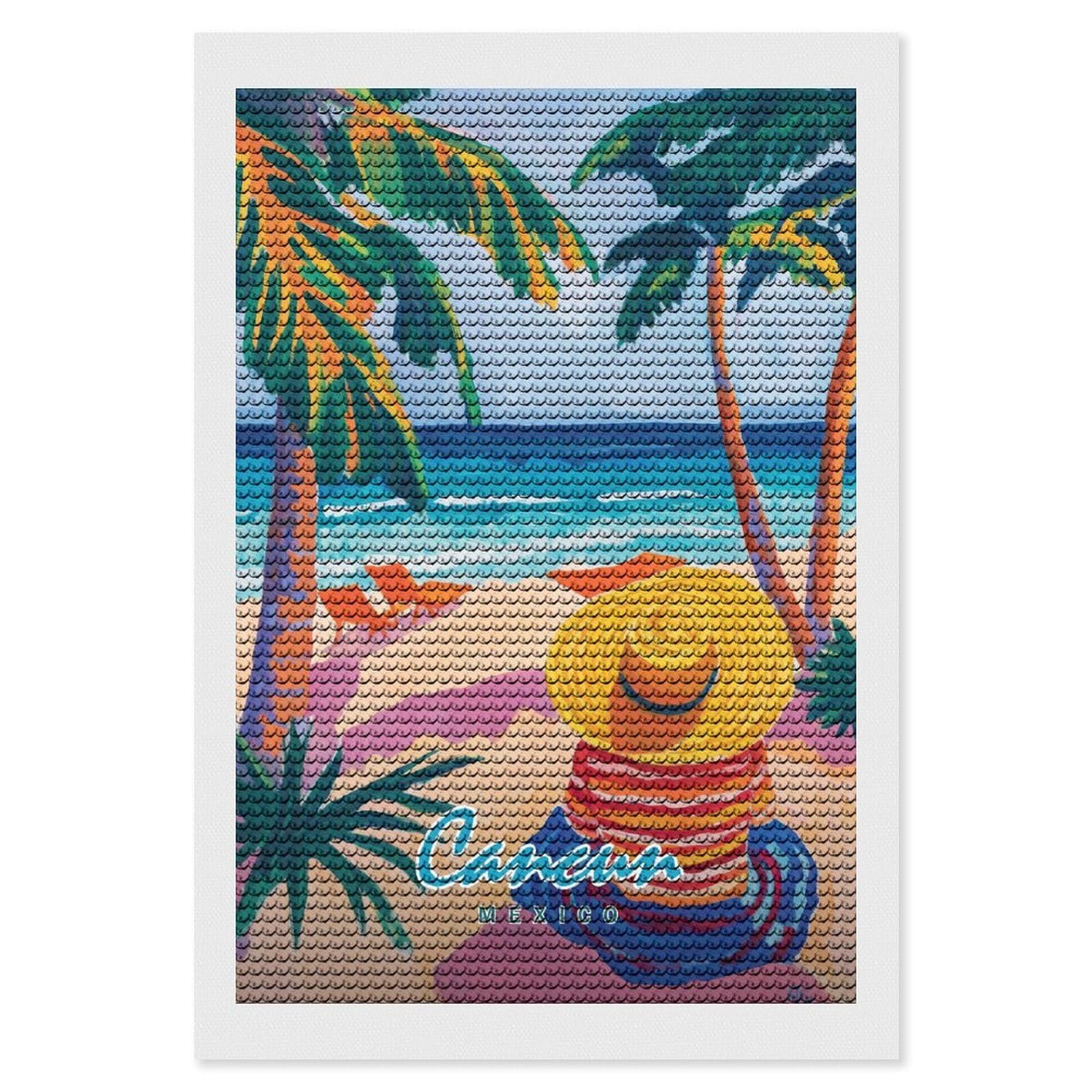 Junmoney Cancun Beach Painting DIY Diamond Art Canvas Kit 8"x12", for Teens, Finish and Display, Holiday Gift Idea, Vintage Style Decor