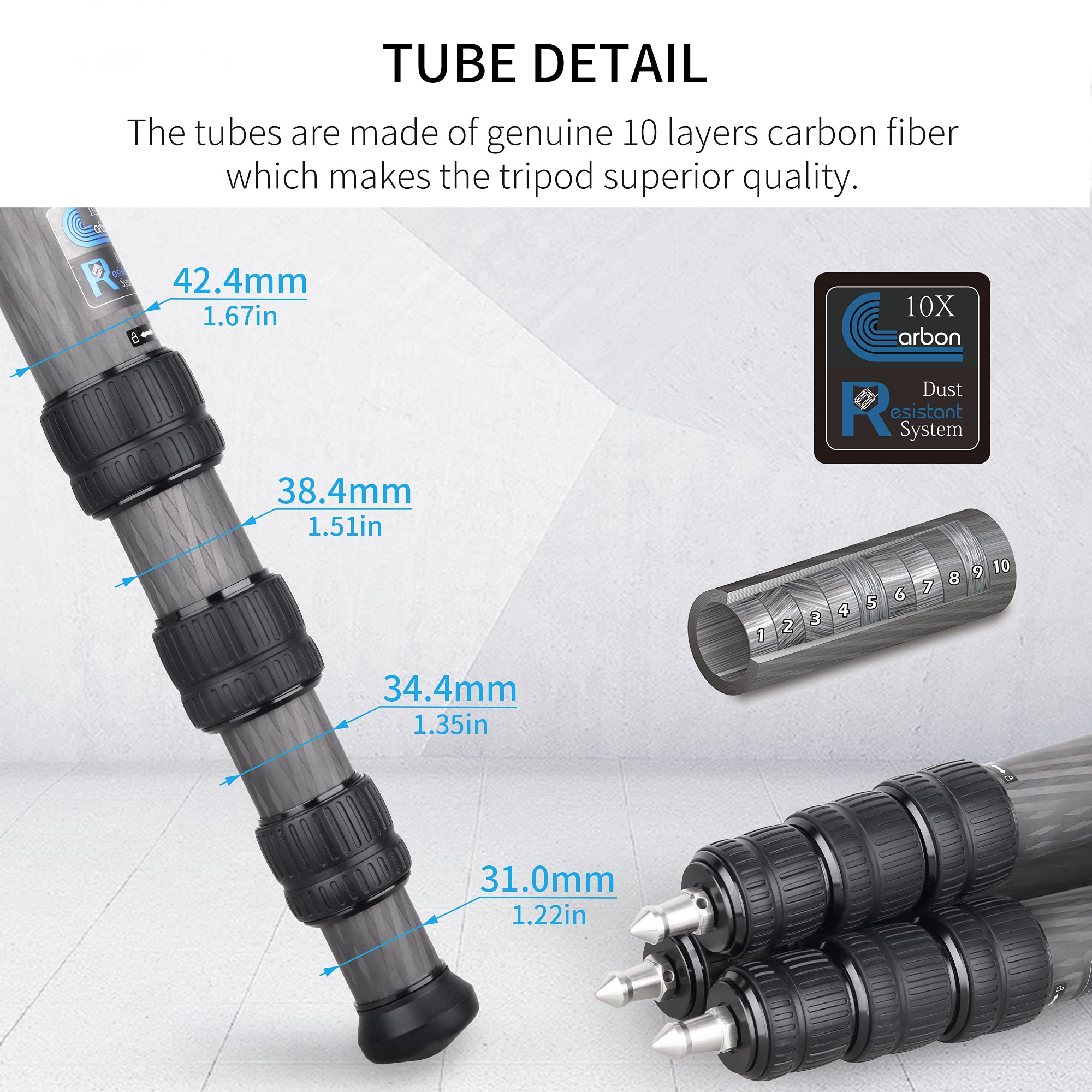 Treppiede in fibra di carbonio INNOREL ST424C Supporto per fotocamera professionale per impieghi gravosi con adattatore per ciotola da 75 mm tubo da 42,4 mm Carico massimo 42 kg Altezza massima 170 cm