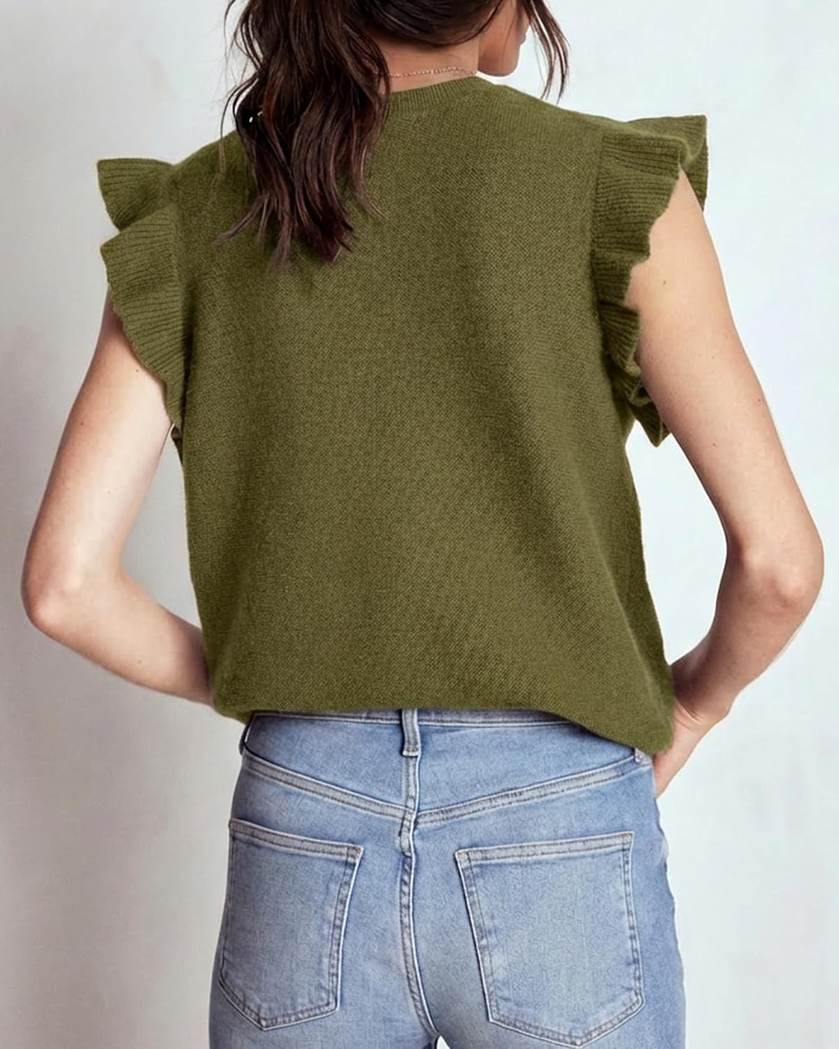 Womens Trendy Ruffle Sleeve Sweater Vests Casual Button Down Crewneck Knit Frill Waistcoats - Image 5