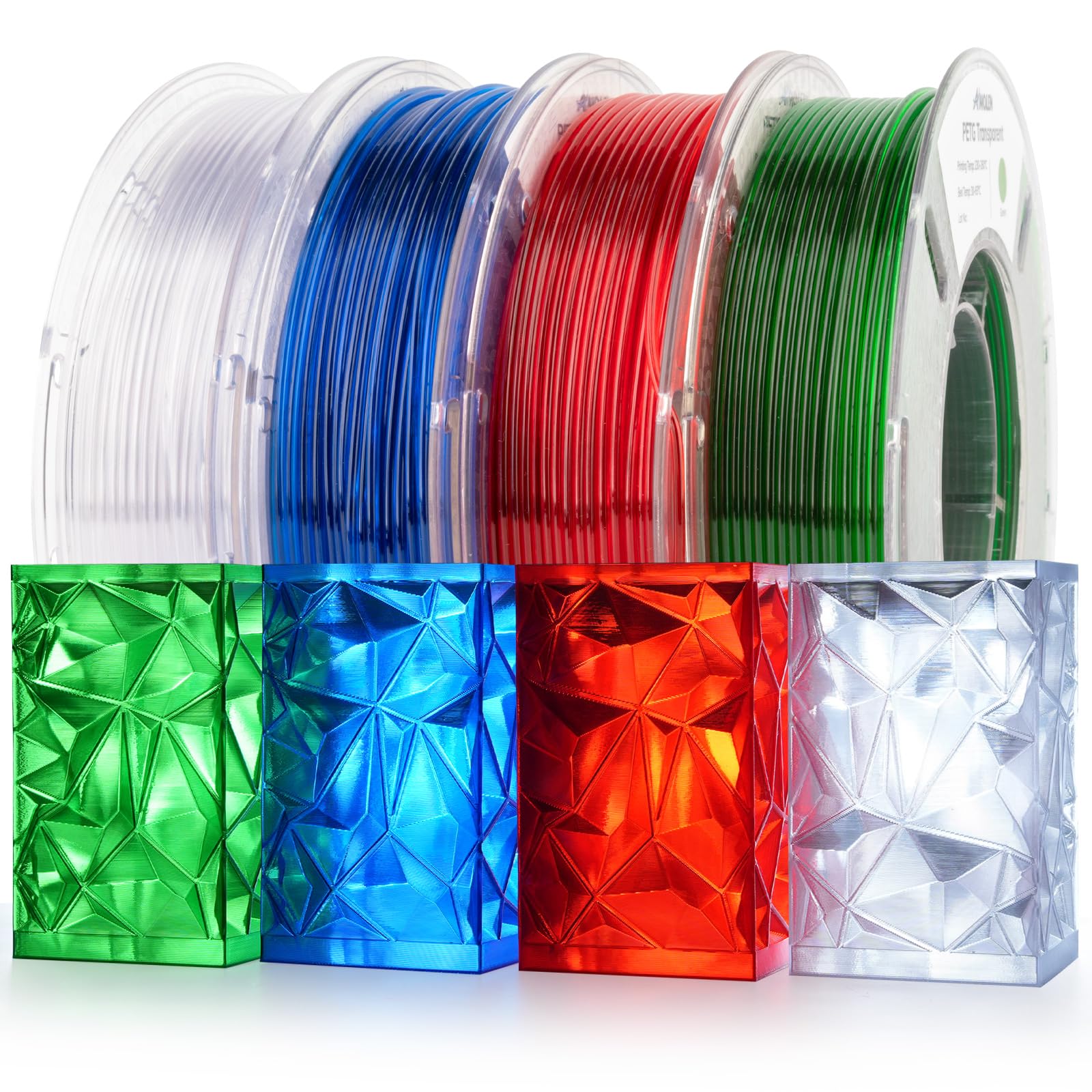 AMOLEN 3D Printer Filament Bundle, PETG Filament 1.75mm,Transcucent Clear/White,Red,Green,Blue Filament,PETG Transparent Filament with Light Transmission Feature,250g x 4 Spools Set
