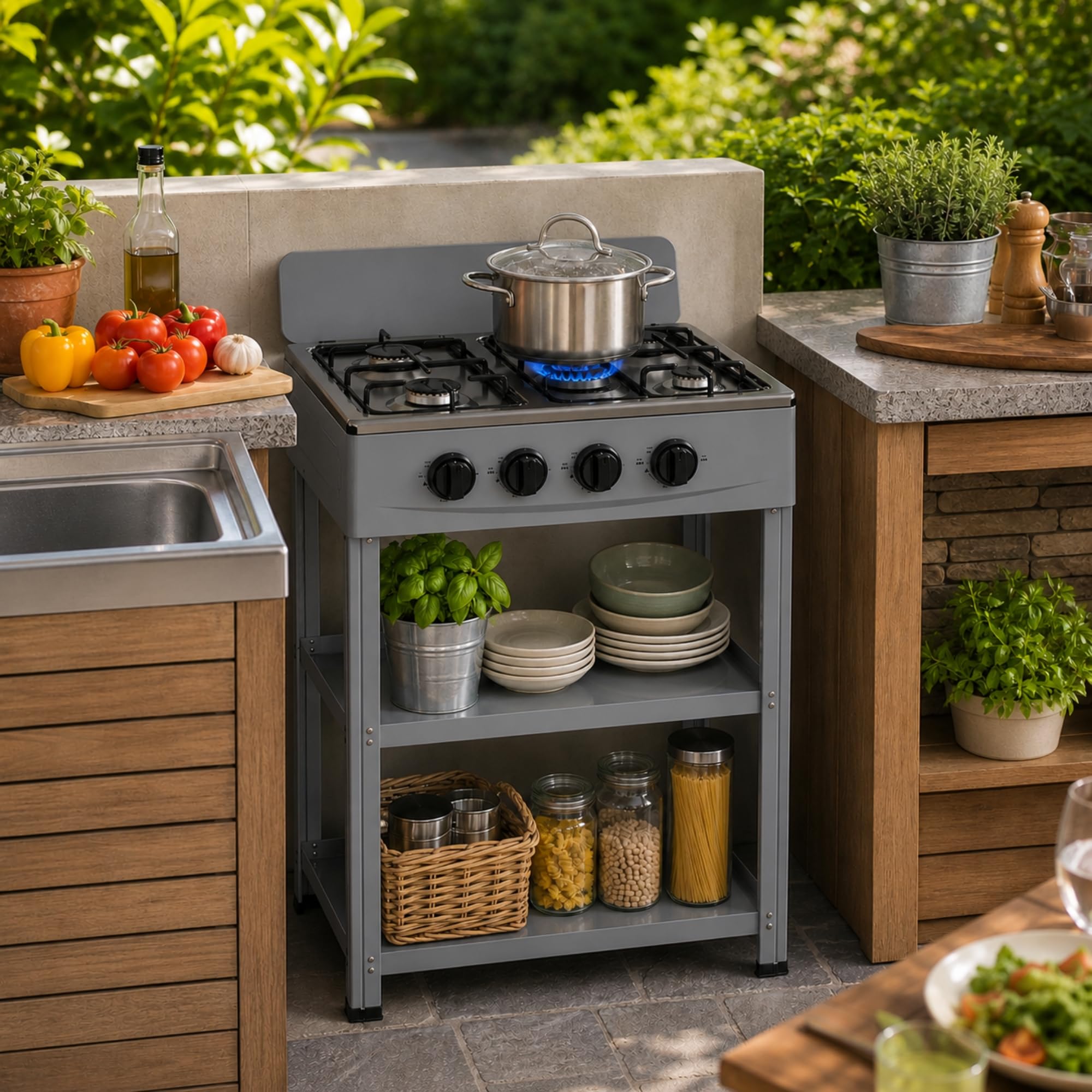 Fornello a Gas 4 Fuochi con Mobile e 2 Ripiani Acciaio, Cucina Compatta in Alluminio con Controllo Fiamma, Piano Cottura 82x49x49 cm per Interno ed Esterno, Grigio