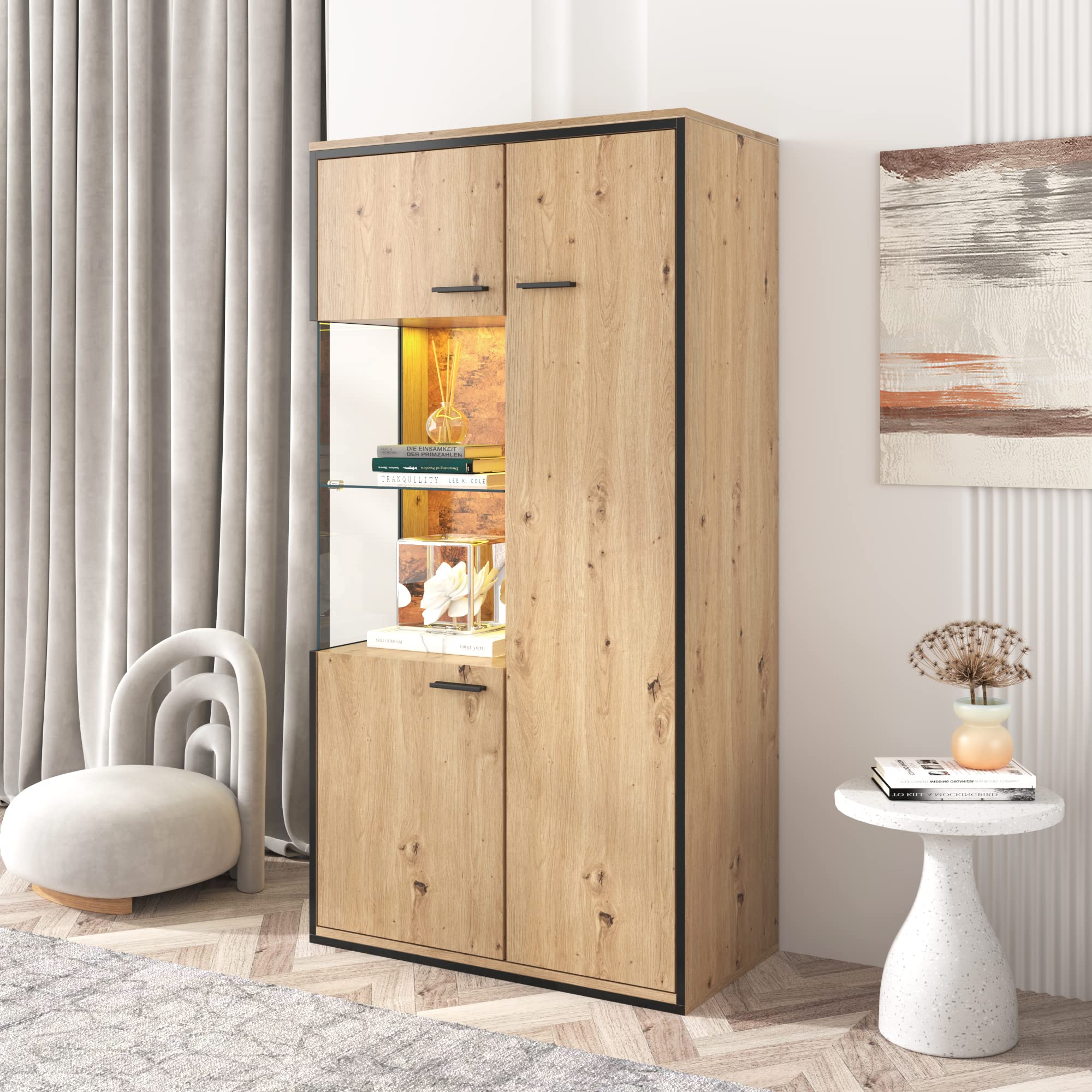 Azkoeesy Vitrina con iluminación LED y Estante de Cristal - 78x40x150 cm, Aparador con 3 Puertas, en veta de Madera Natural