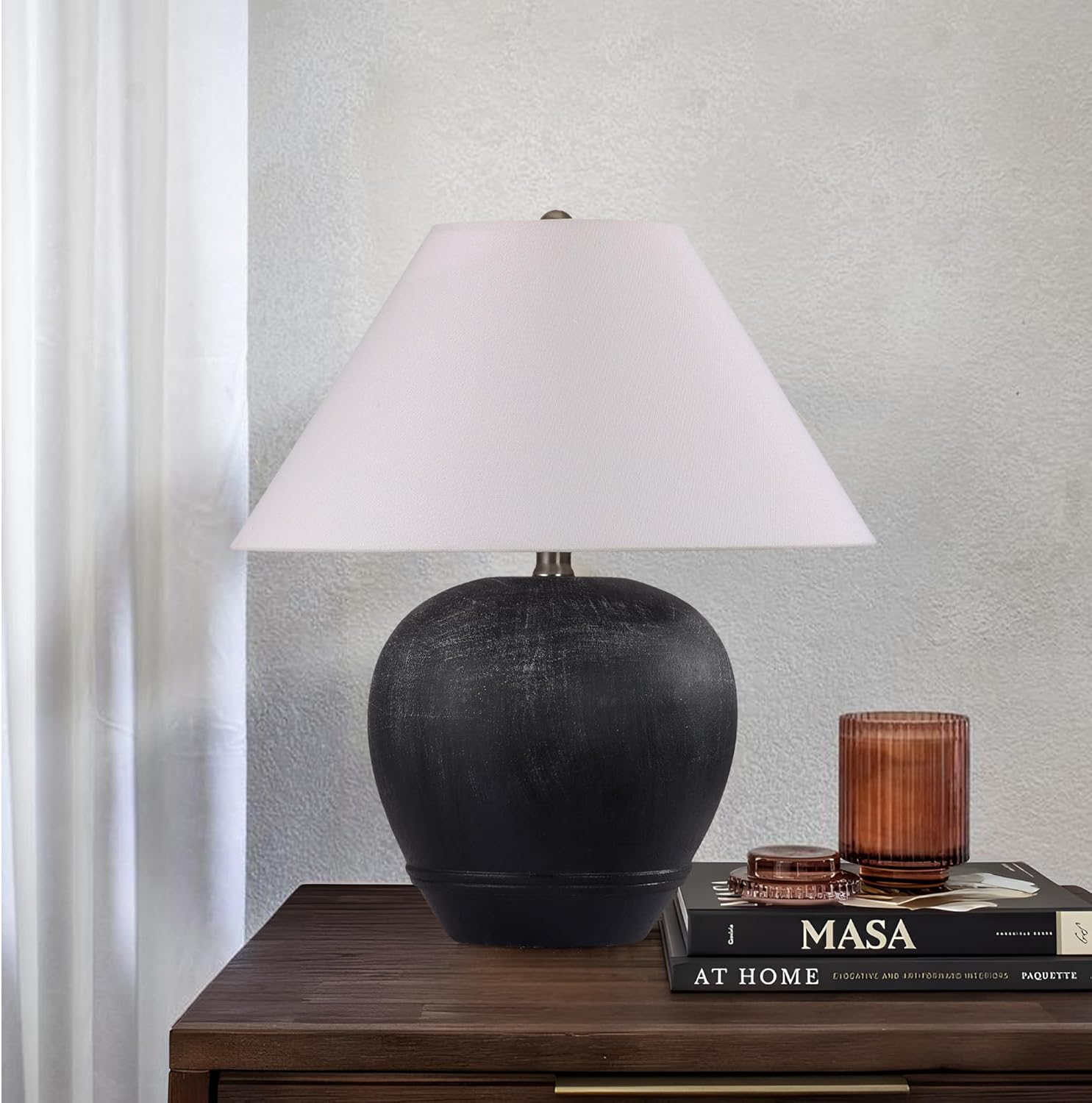 Pia Ricco 21'' Medium Size Black Glossy Ceramic Base Ceramic Basin Table Lamp for Bedroom, Living Room, Dining Room, Office, White Shade,Black Base