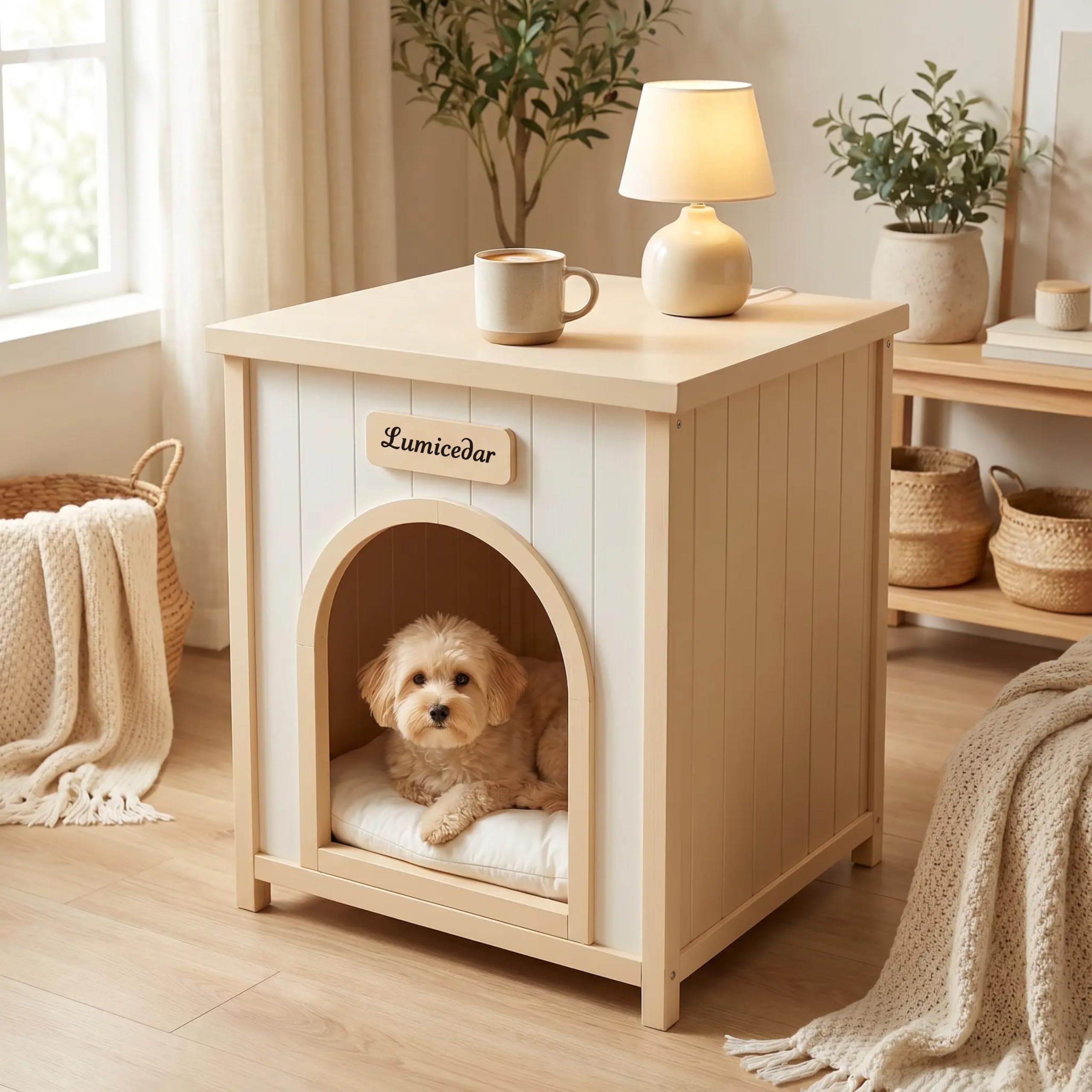 Hundehütte Indoor mit Dach, Zedernholz-Dog-Crate-Seiten-Tisch, Hundehaus Winterfest für Kleintier Hund und Katzen - Isoliert und Wetterfest Hundehöhle Hundebett mit Plüsch-Haustiermatte