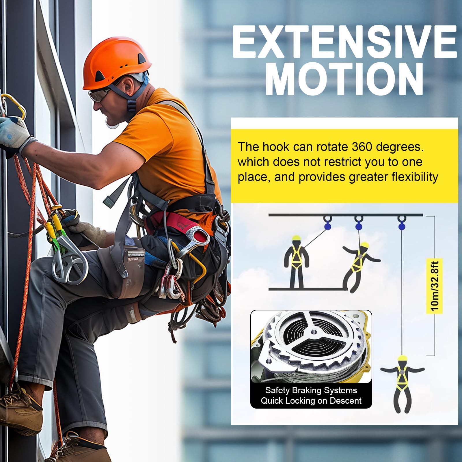Dispositivo Anticaida Retráctil 3-20m, Línea de Vida Retráctil con Gancho Autoblocante, Arnes Seguridad Trabajo Altura, Capacidad de Carga: 150kg, Certificación CE (Yellow, 15m)