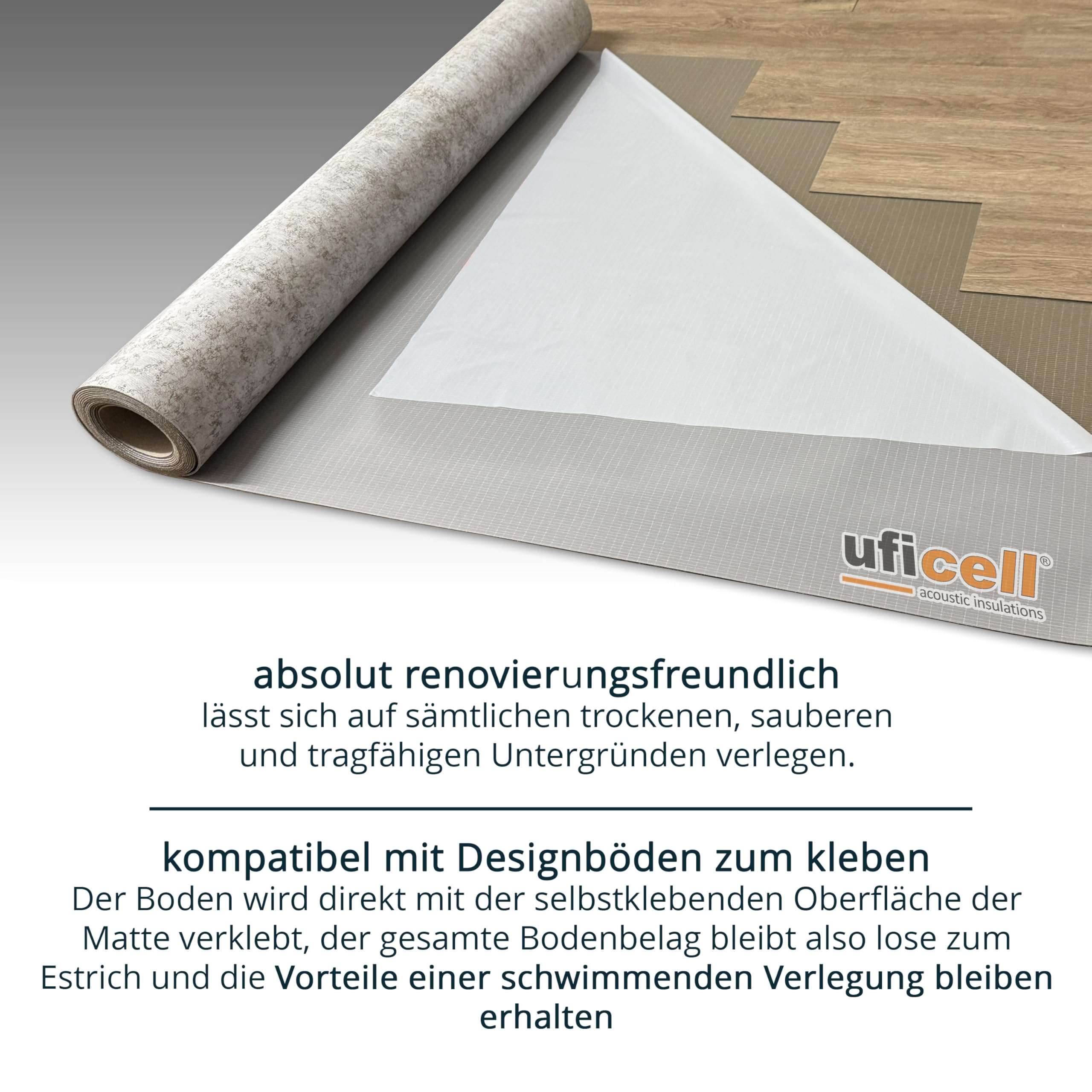 Dämmmatte uficell® VinoStick® silentPremium, selbstklebende Akustikmatte für Klebe Vinylböden, Flächengewicht ca. 2,6 kg/m² Druckfestigkeit: 450 kPa, Rollengröße: 6,5 m² (1 Rolle | 6,5 m²)