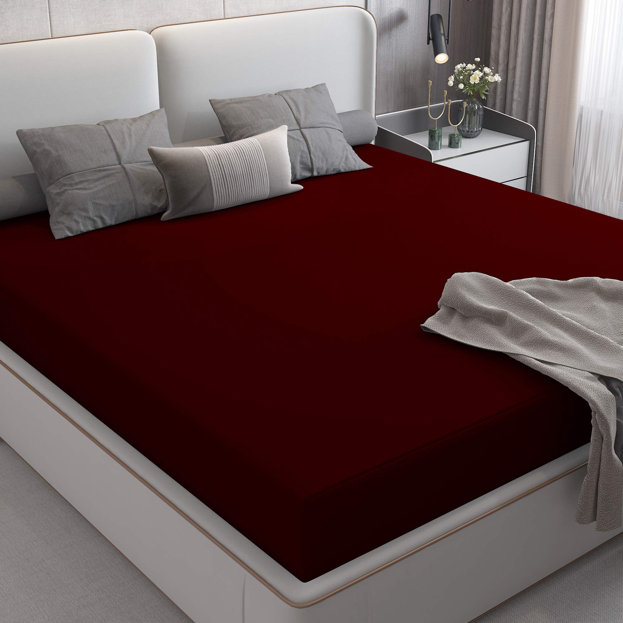 DREAM CARE Water Proof Lycra Stretchable Fitted Mattress Protector 75X72 Inch for Double Bed King Size with Elastic Strap|Ultra Soft Mattress Cover|Hypoallergenic Bed Cover (Maroon)