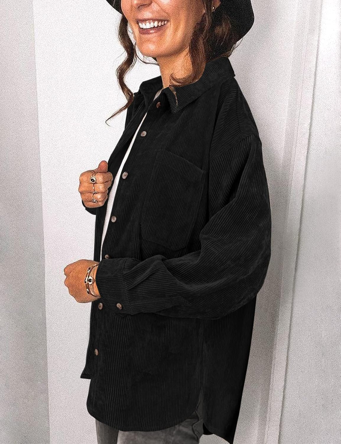 Saslax Womens Corduroy Shirt Long Sleeve Oversized Button Up V Neck Blouses Tops Loose Shacket Jacket - Image 3