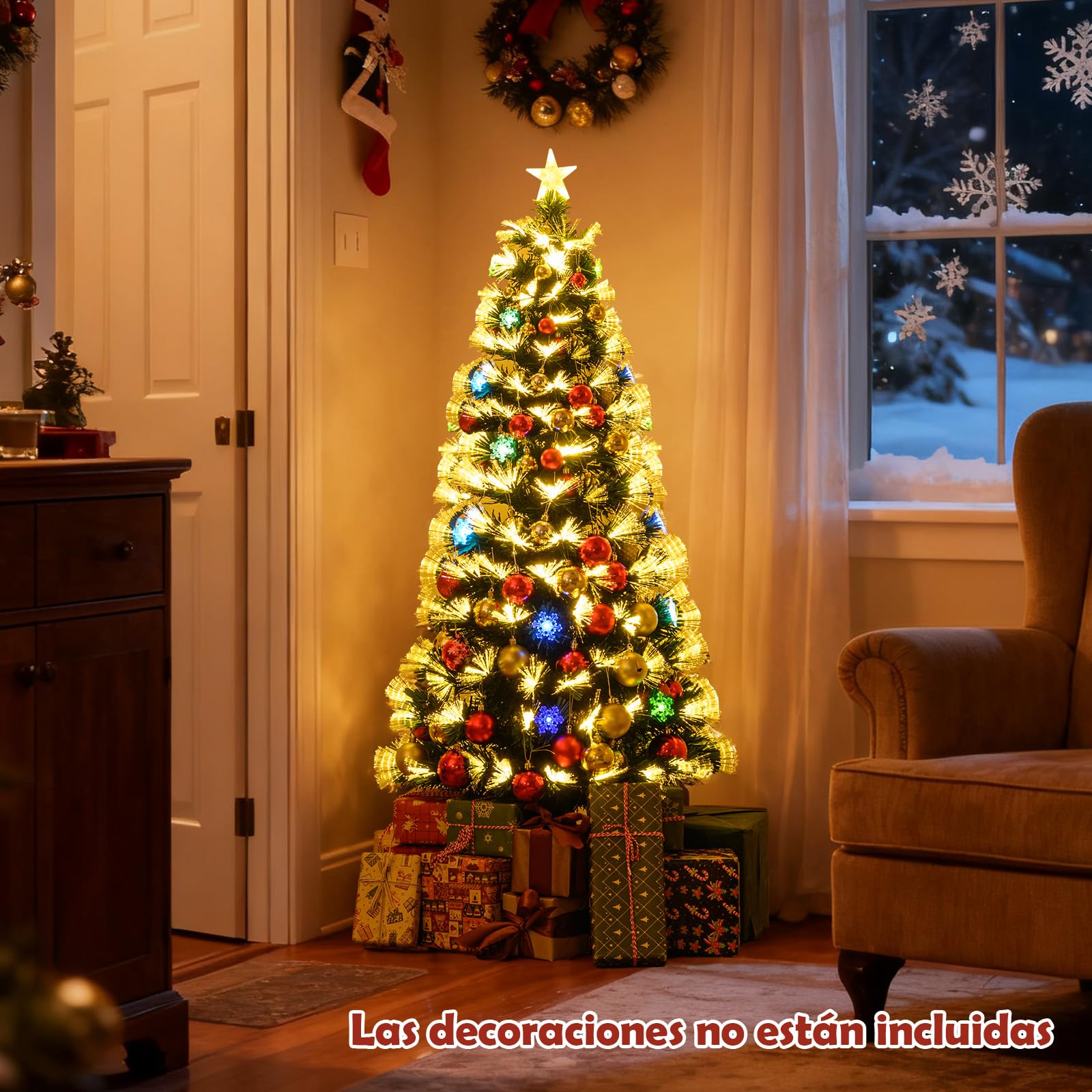 COSTWAY Árbol de Navidad de Fibra Óptica 150 cm, Arbol de Navidad con Luces Incorporadas, 8 Modos de Luz, 170 Puntas de PVC, 20 Copos de Nieve, Estrella, Arvore de Natal Hogar Oficina (150cm)
